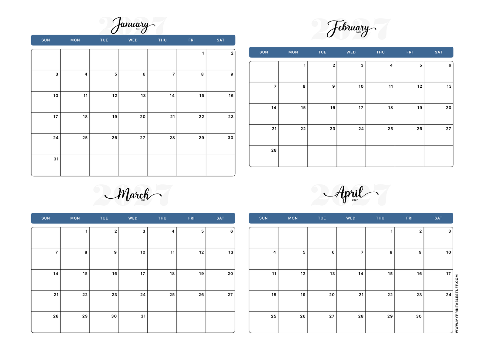 Classic Blue Design January February March April 2027 Calendar Landscape