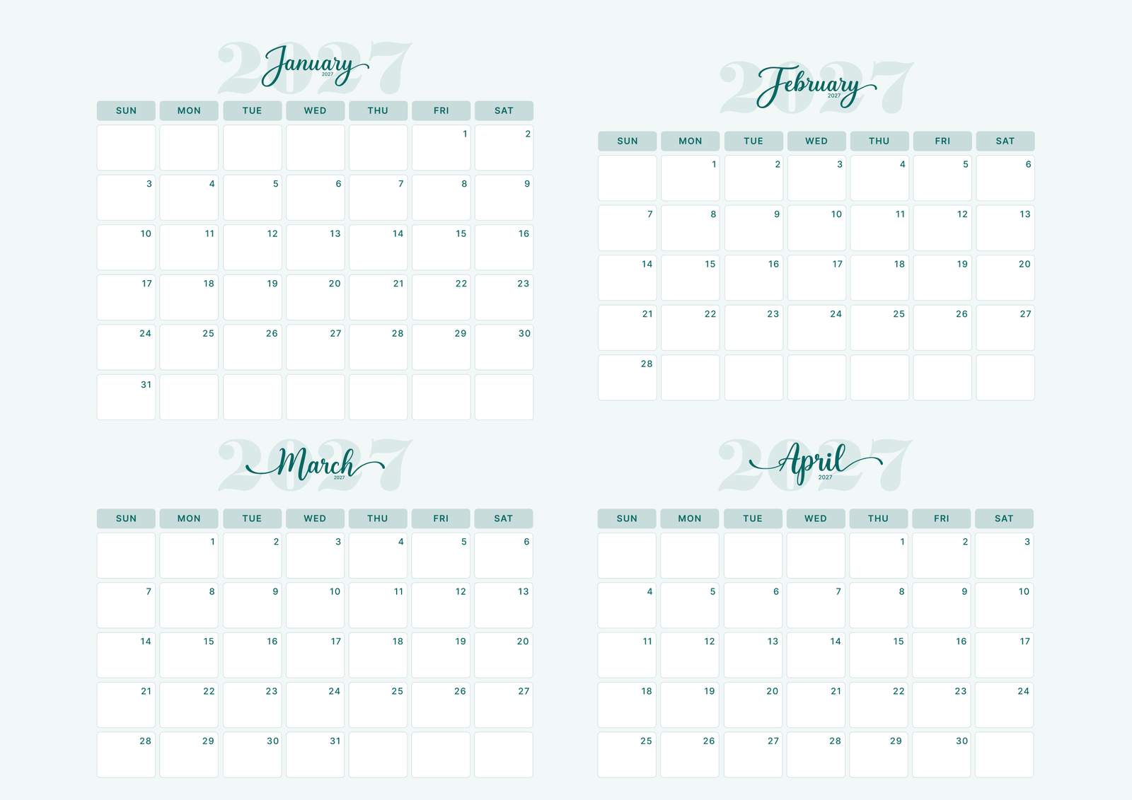 Teal Elegance Design January February March April 2027 Calendar Portrait