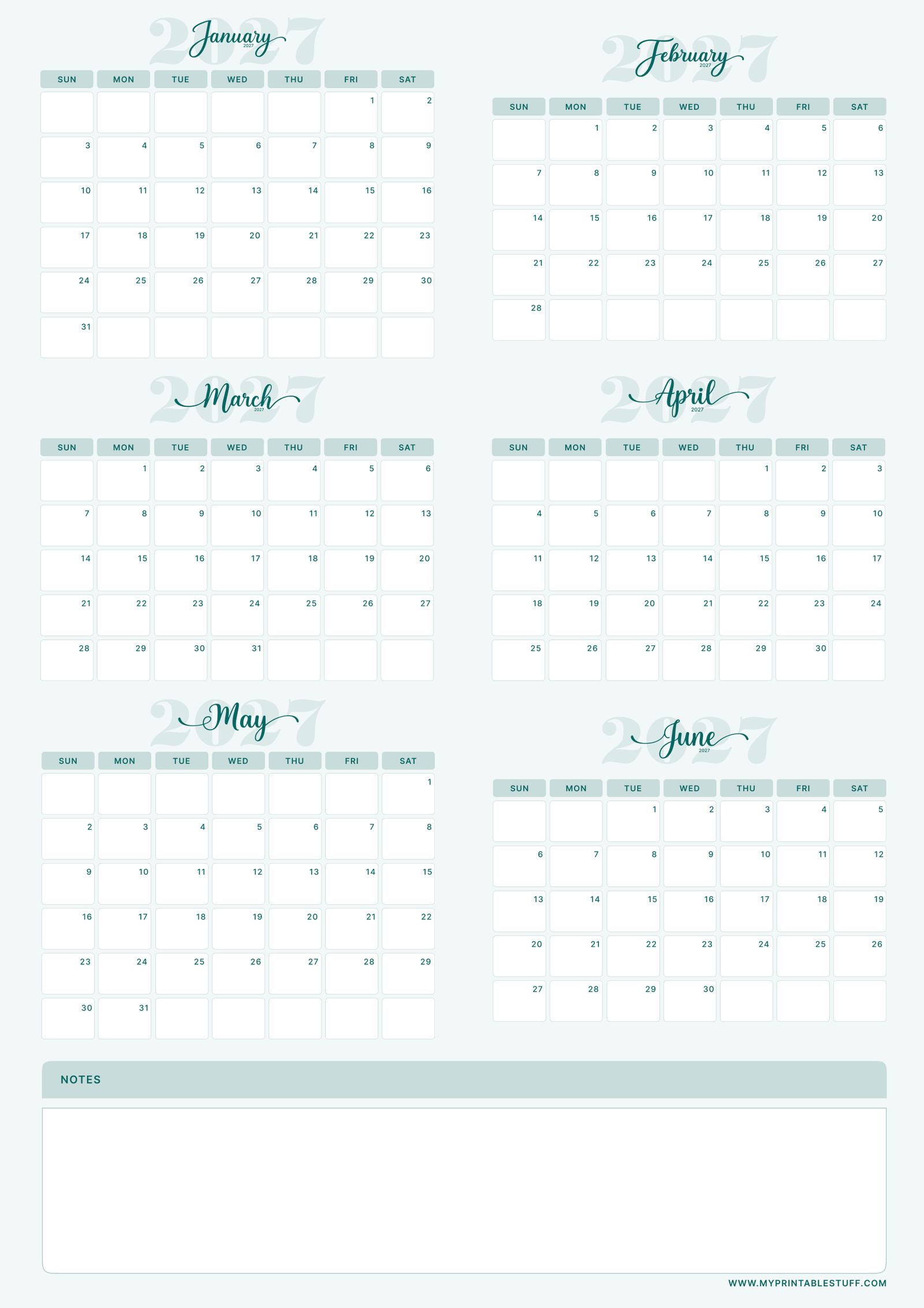 Teal Elegance Design January February March April May June 2027 Calendar Portrait