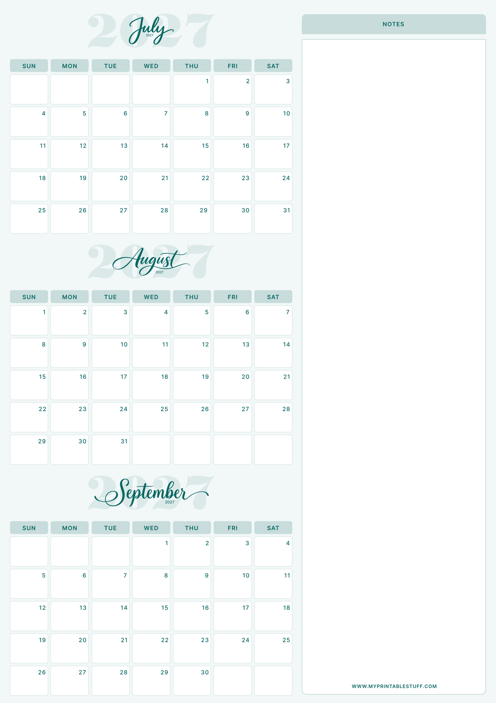 Teal Elegance Design July August September 2027 Calendar Portrait