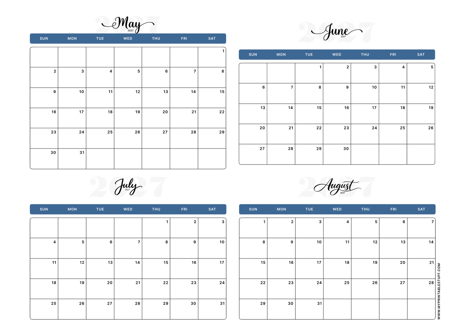 Classic Blue Design May June July August 2027 Calendar Landscape