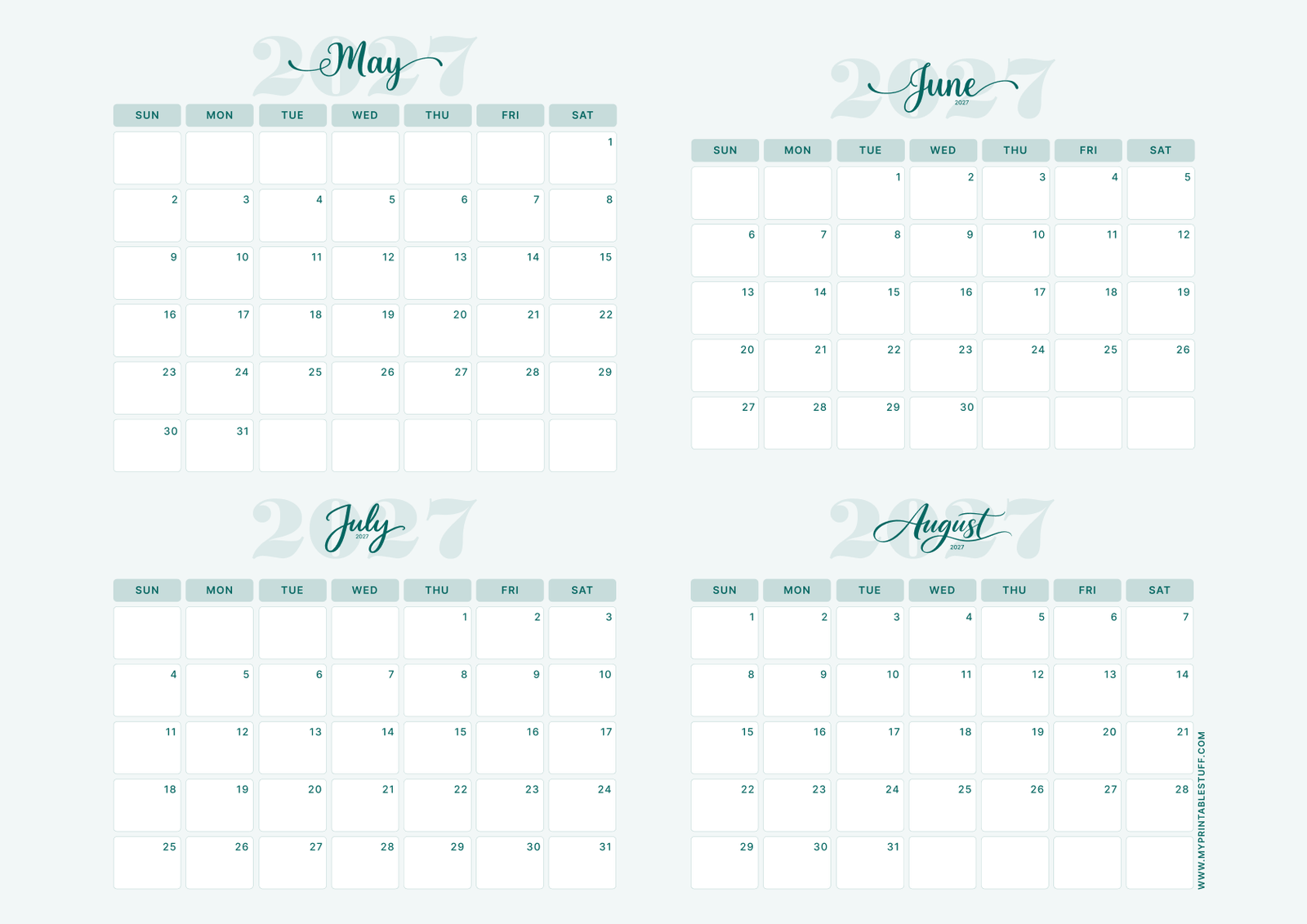 Teal Elegance Design May June July August 2027 Calendar Landscape