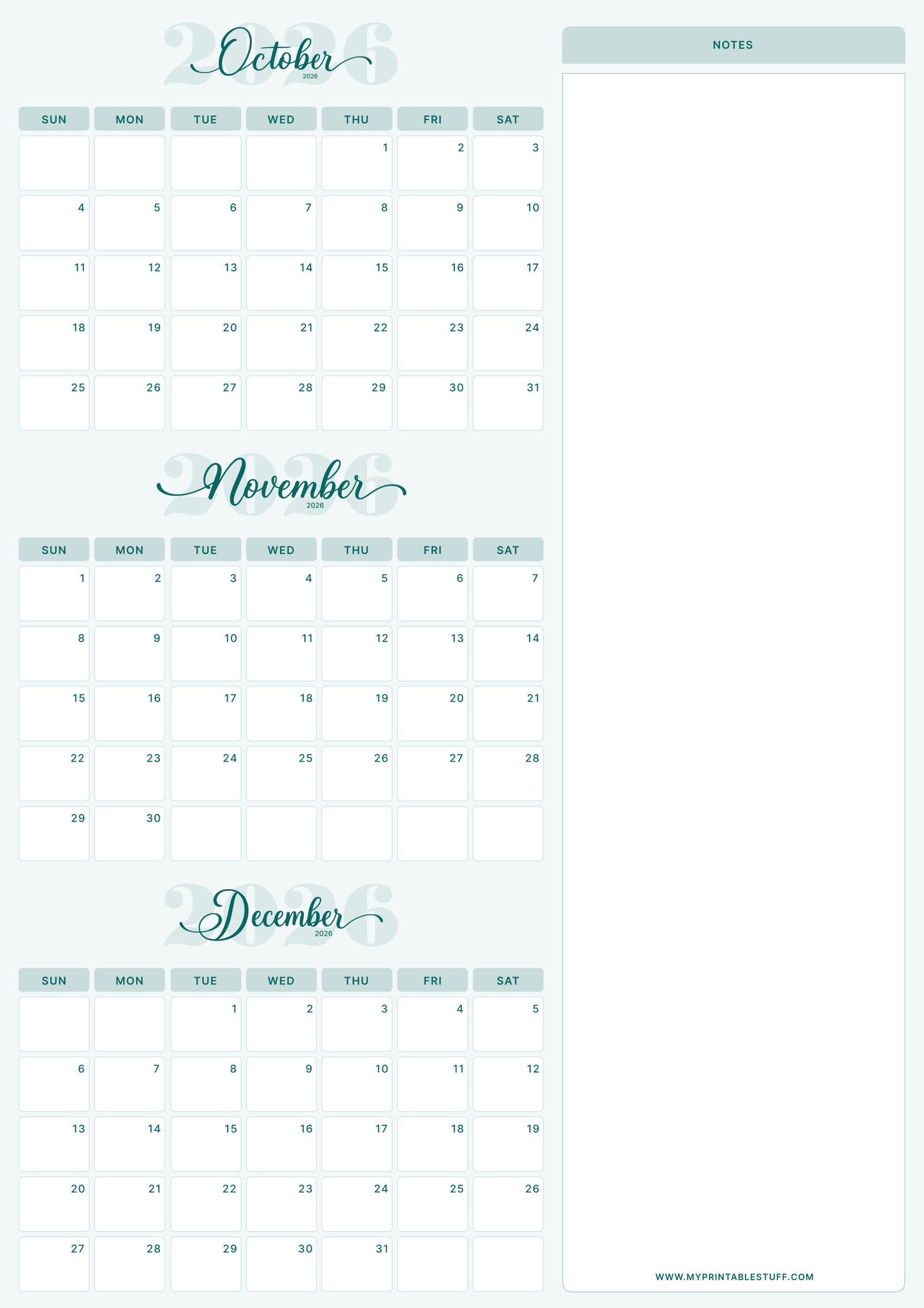Teal Elegance Design October November December 2026 Calendar Portrait