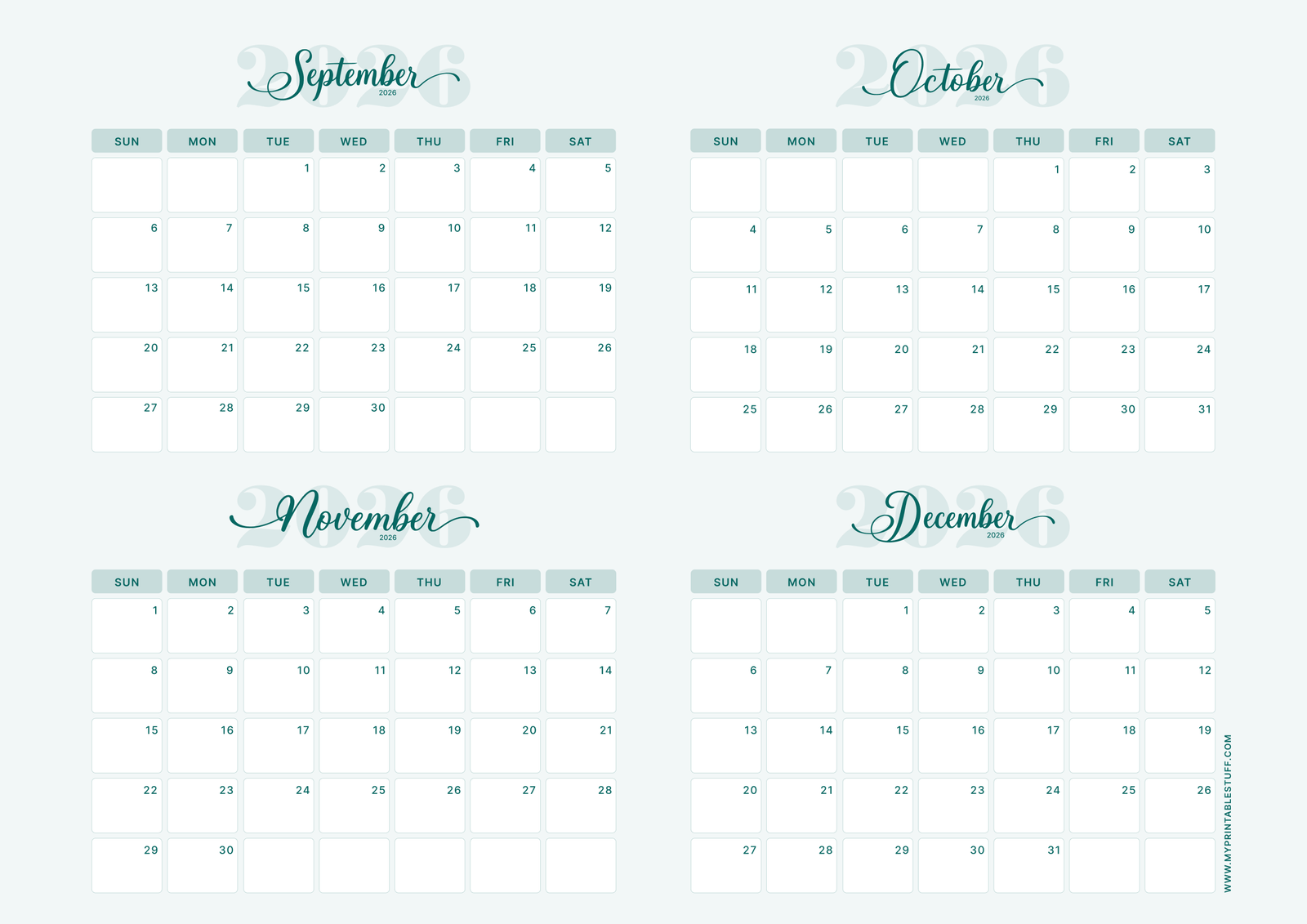 Teal Elegance Design September to December 2026 Calendar Portrait