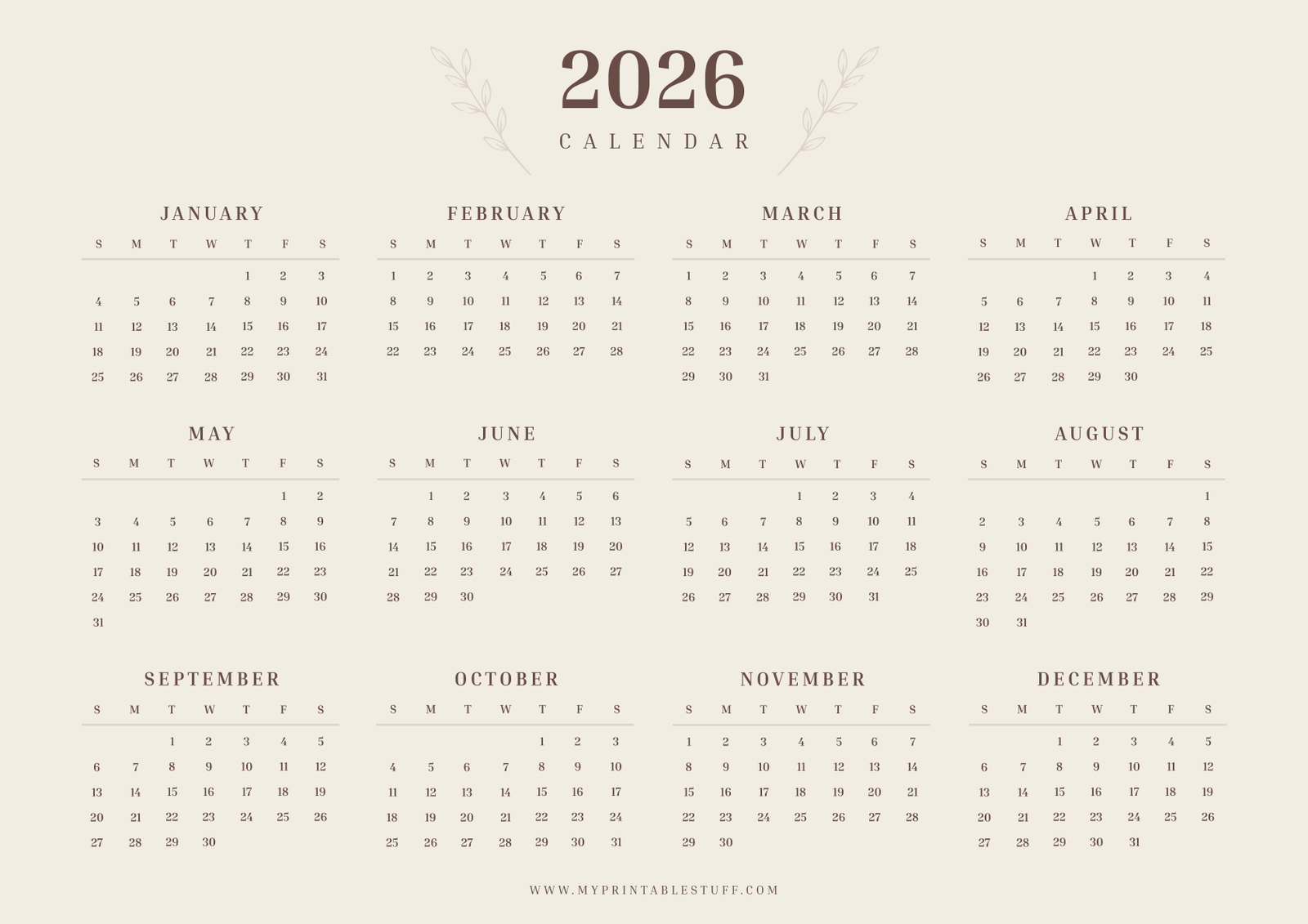 Warm Linen Edition 2026 Calendar Landscape