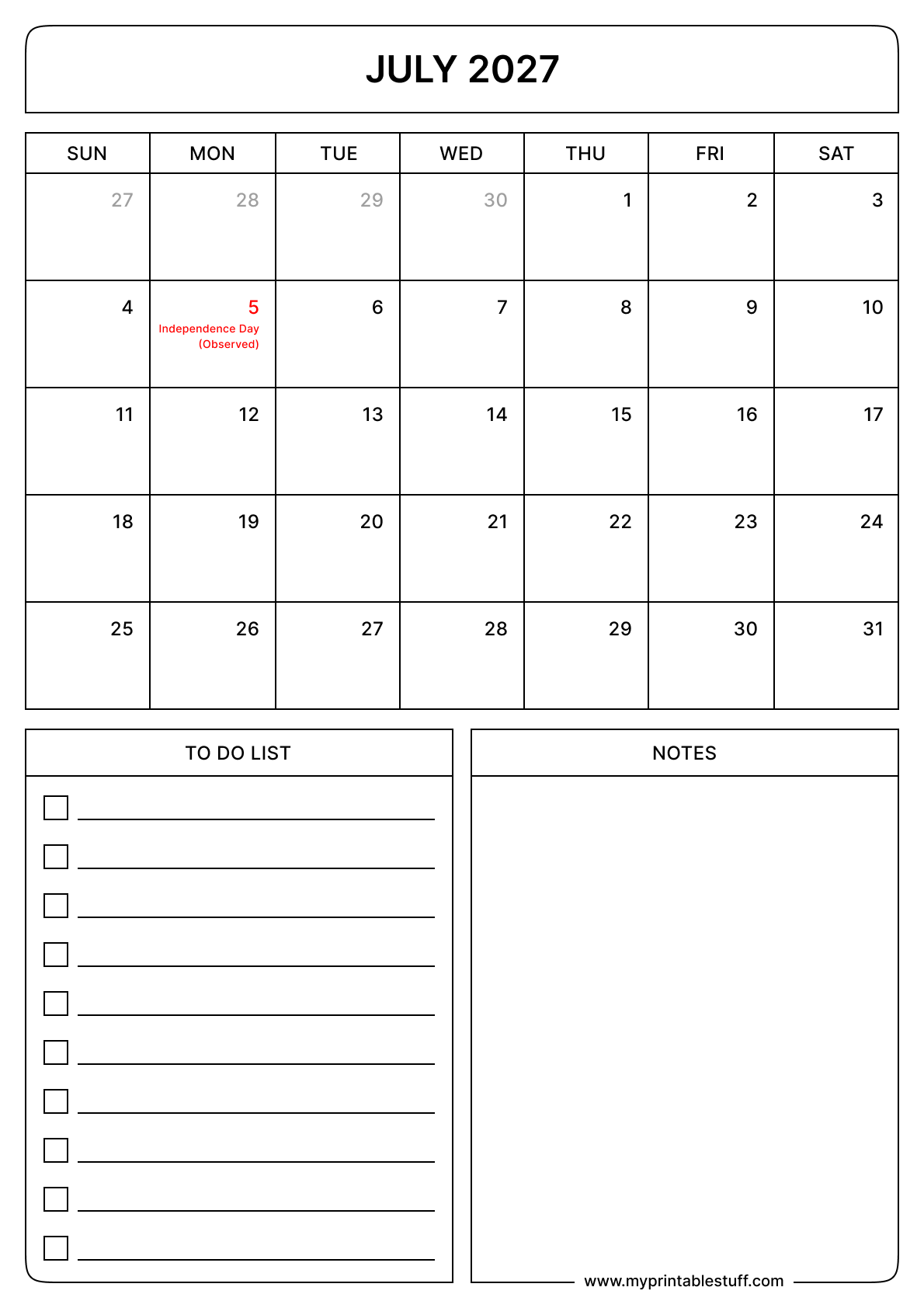Printable July 2027 Calendar With US Holidays Portrait