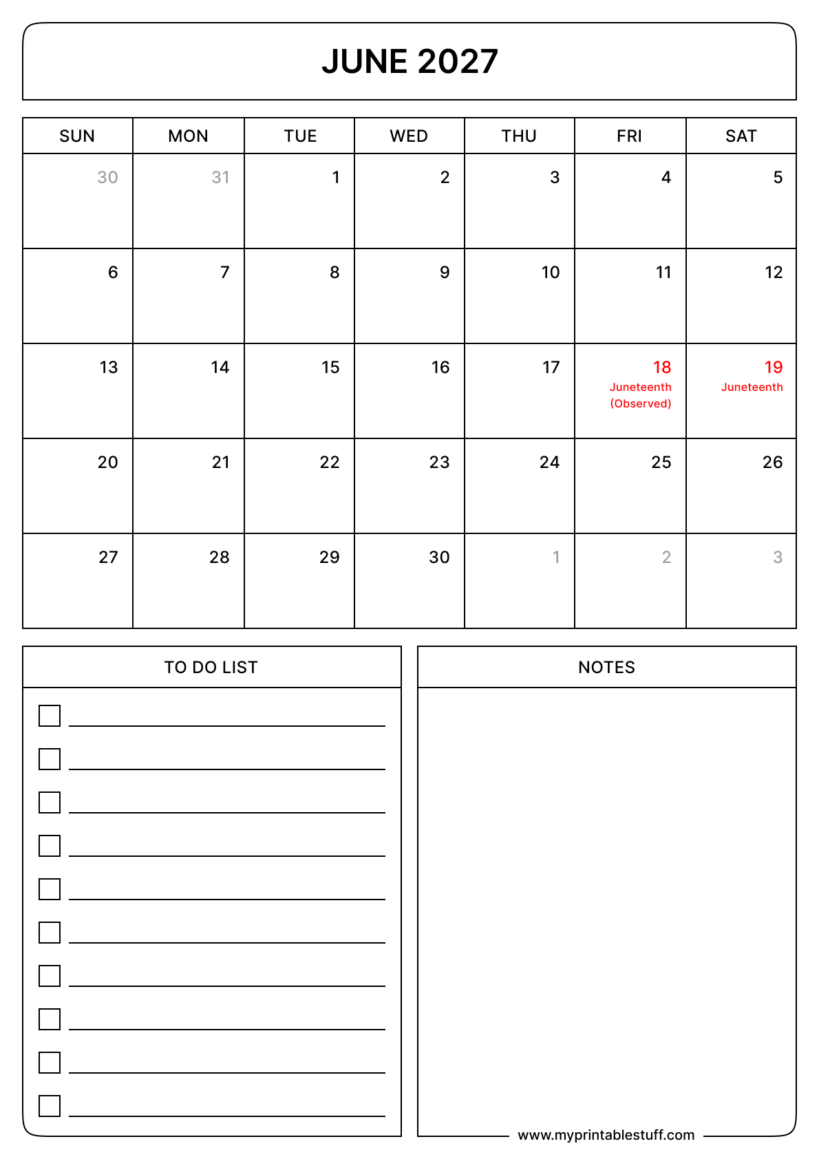 Printable June 2027 Calendar With US Holidays Portrait