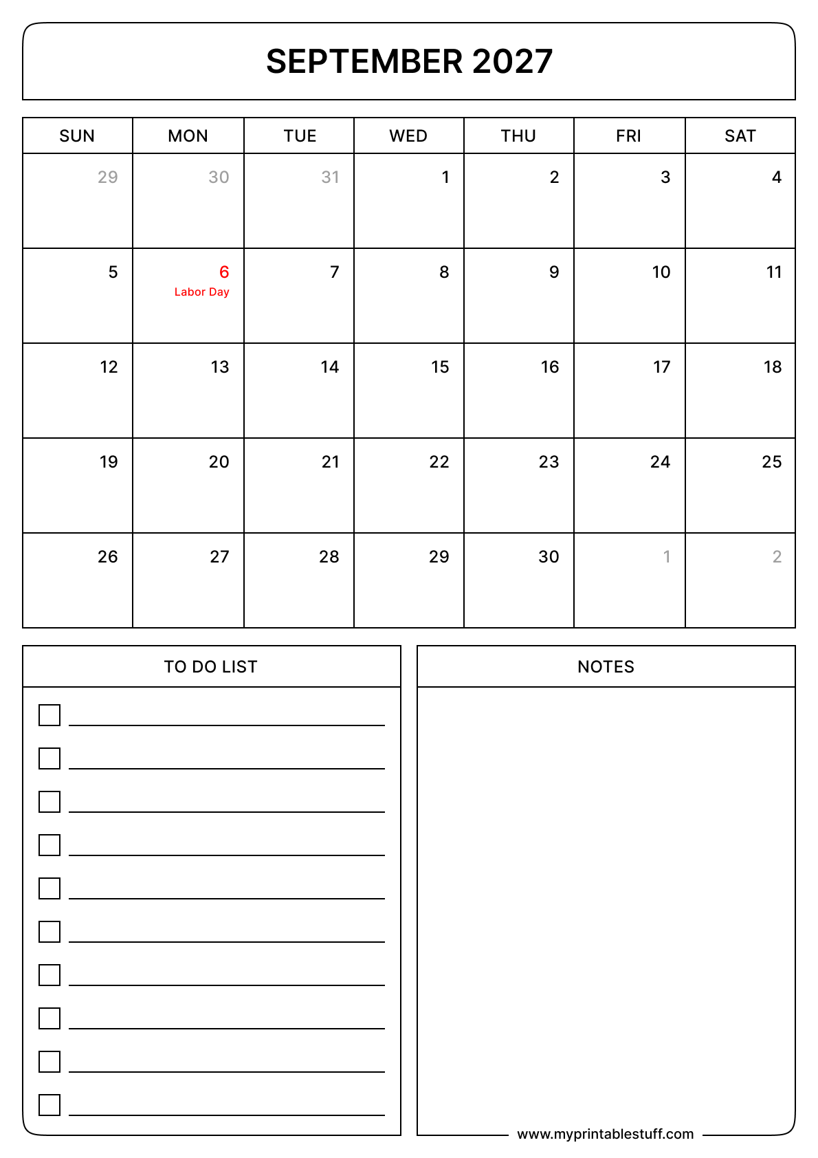 Printable September 2027 Calendar With US Holidays Portrait