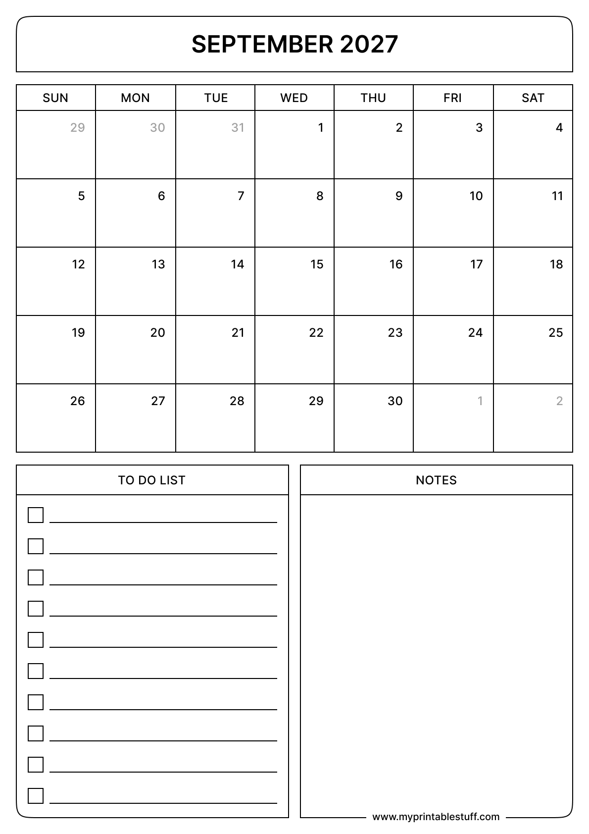 September 2027 Calendar Portrait