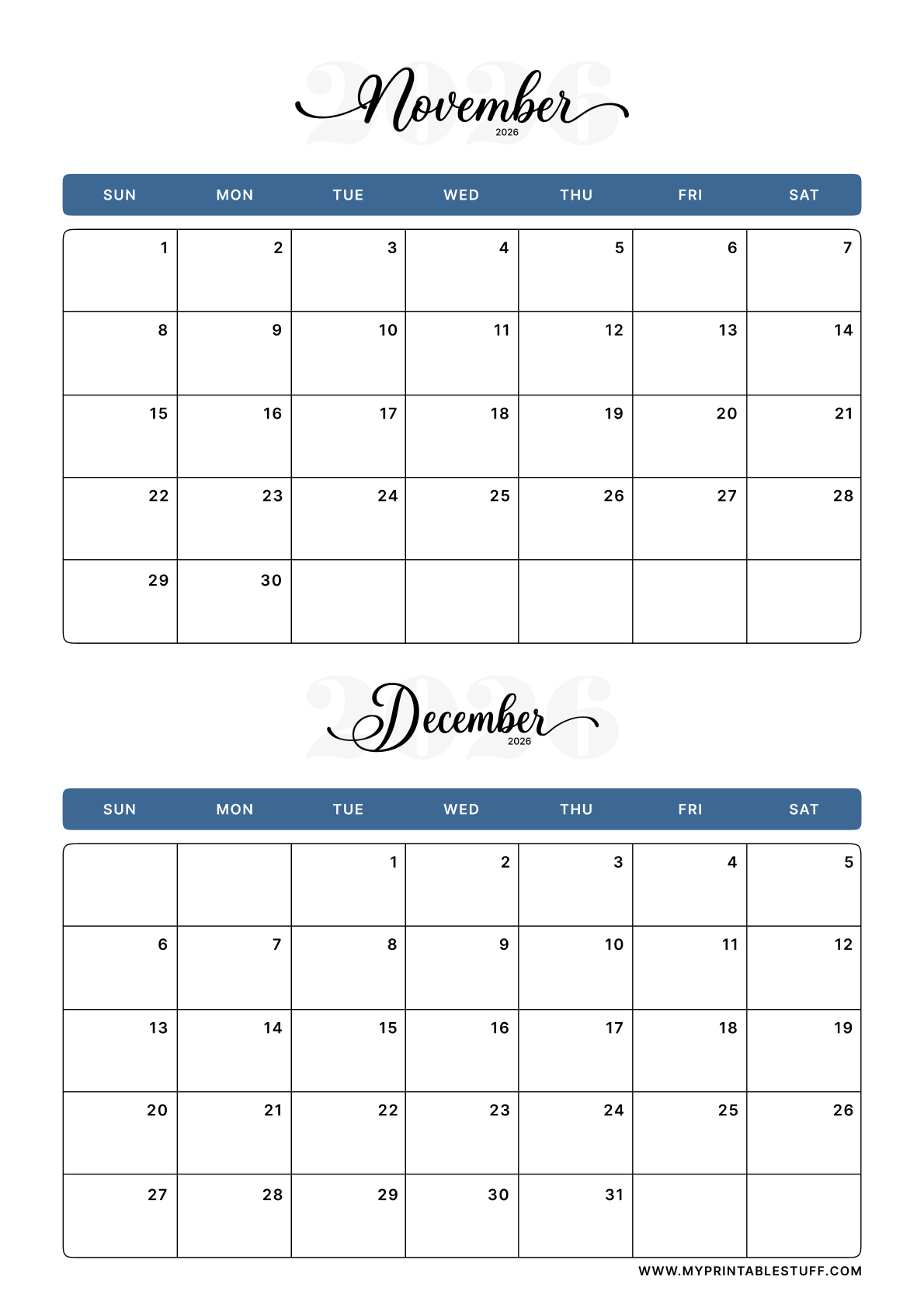 Classic Blue Design November December 2026 Calendar Portrait