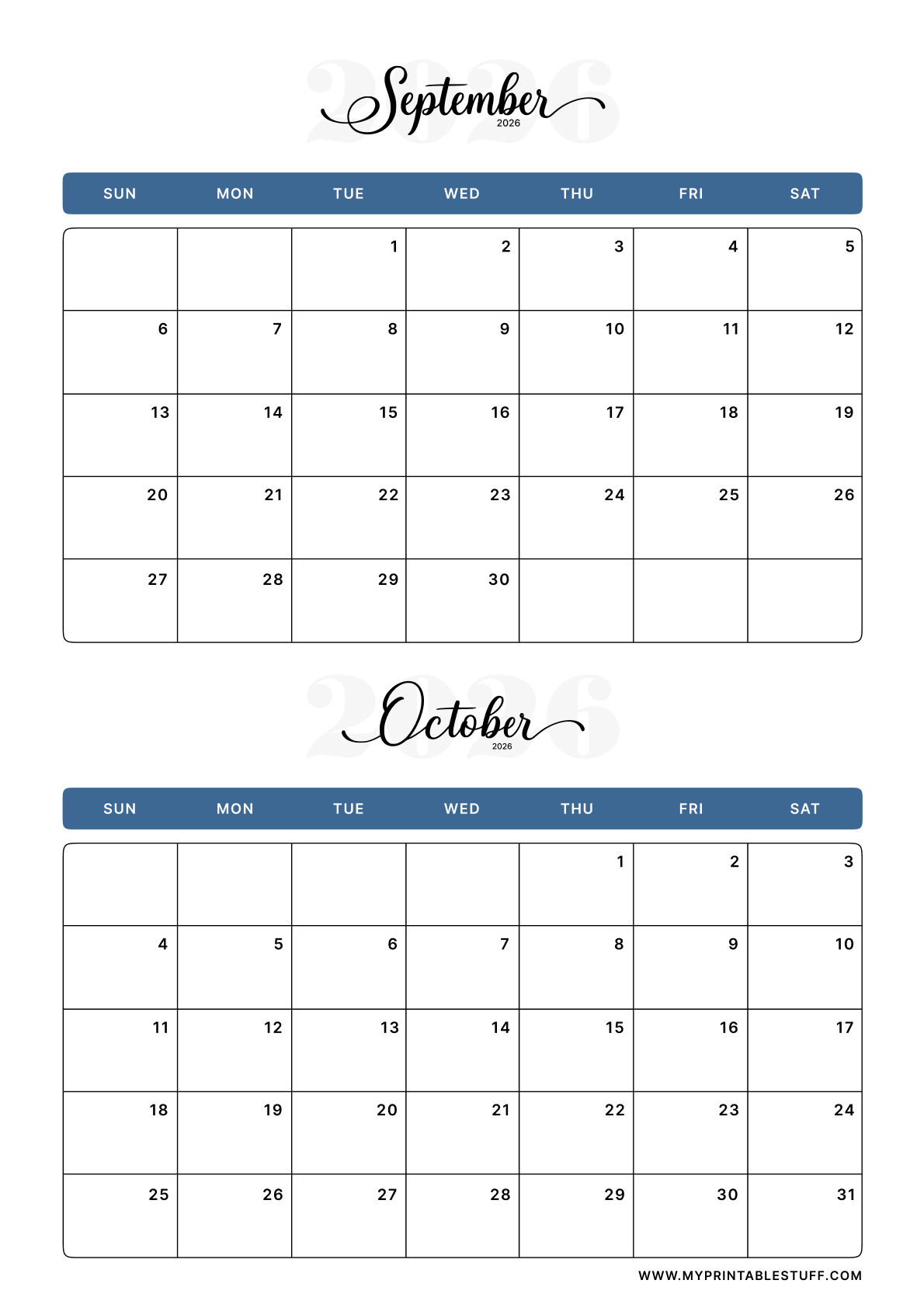 Classic Blue Design September October 2026 Calendar Portrait