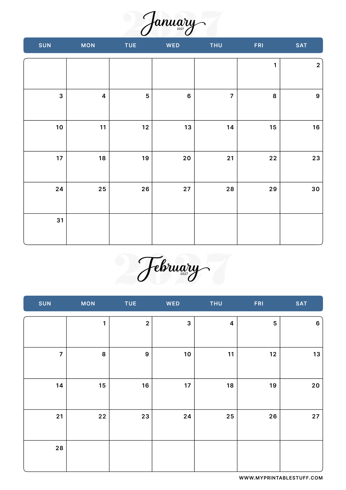 Classic Blue Design January February 2027 Calendar Portrait
