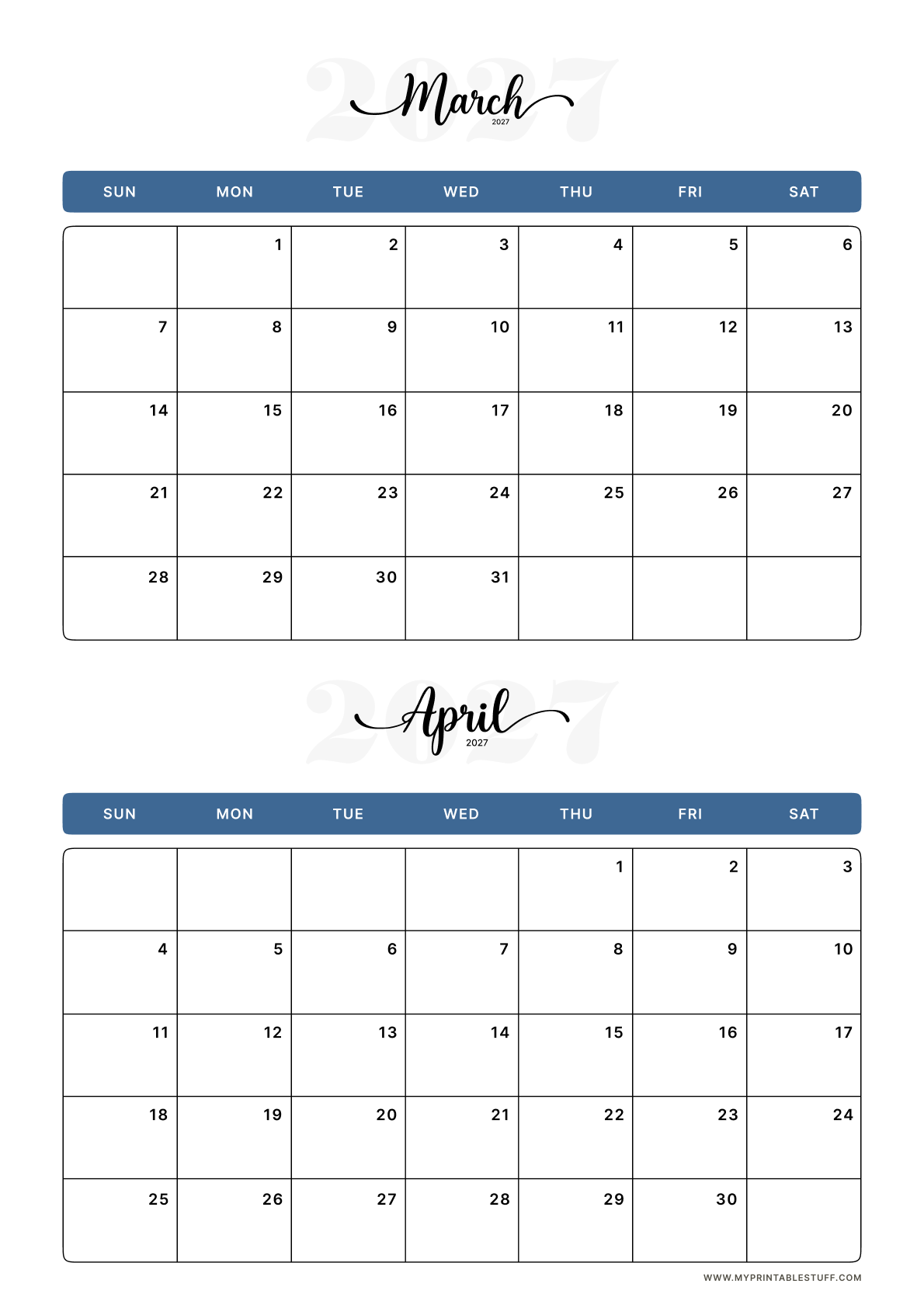 Classic Blue Design March April 2027 Calendar Portrait