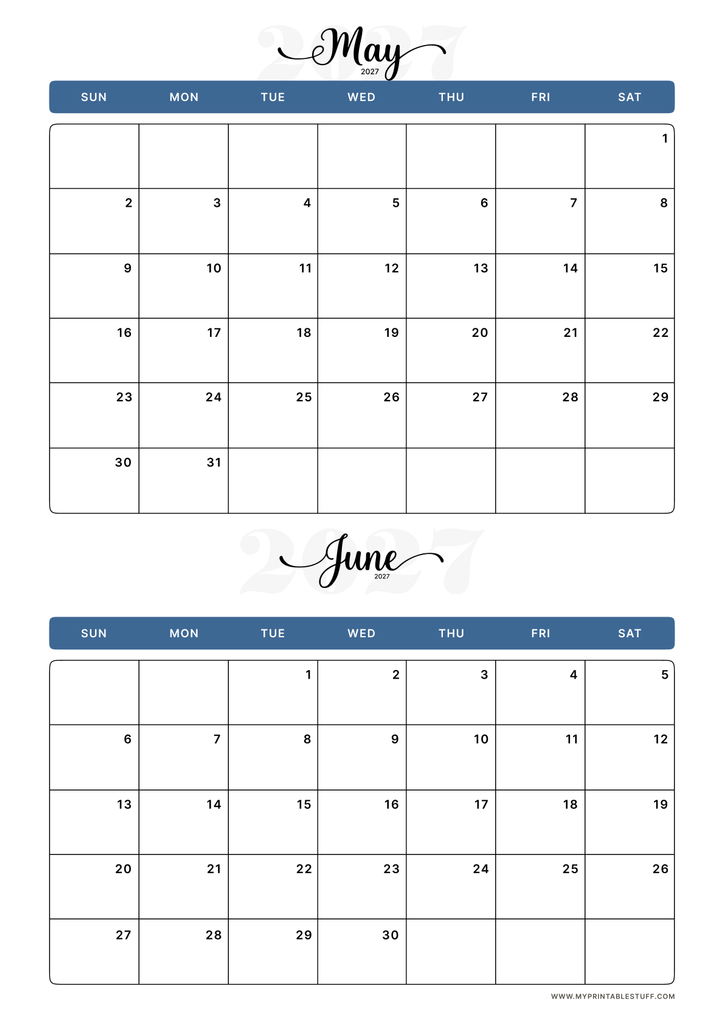 Classic Blue Design May June 2027 Calendar Portrait