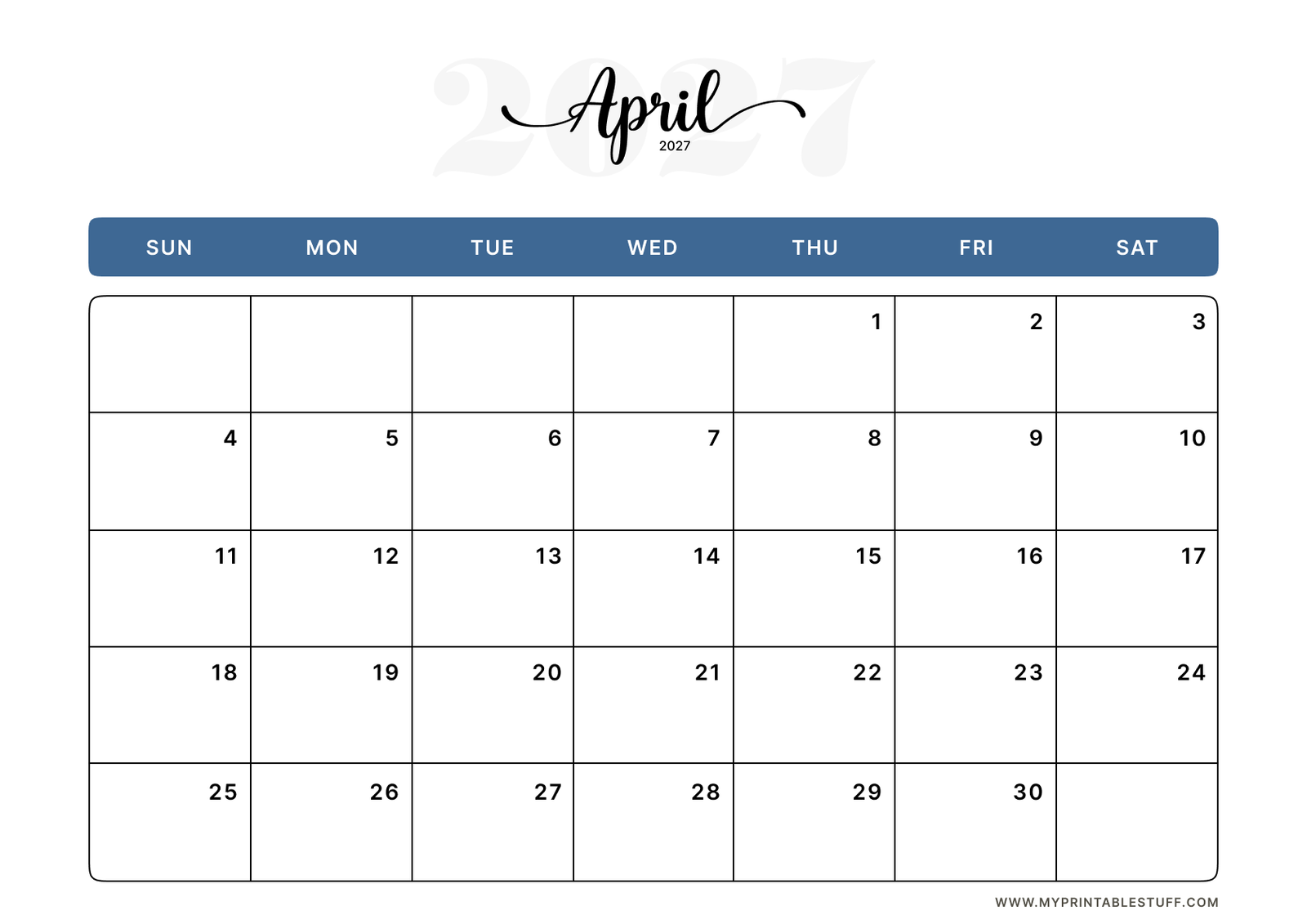 Classic Blue Design April 2027 Calendar Landscape