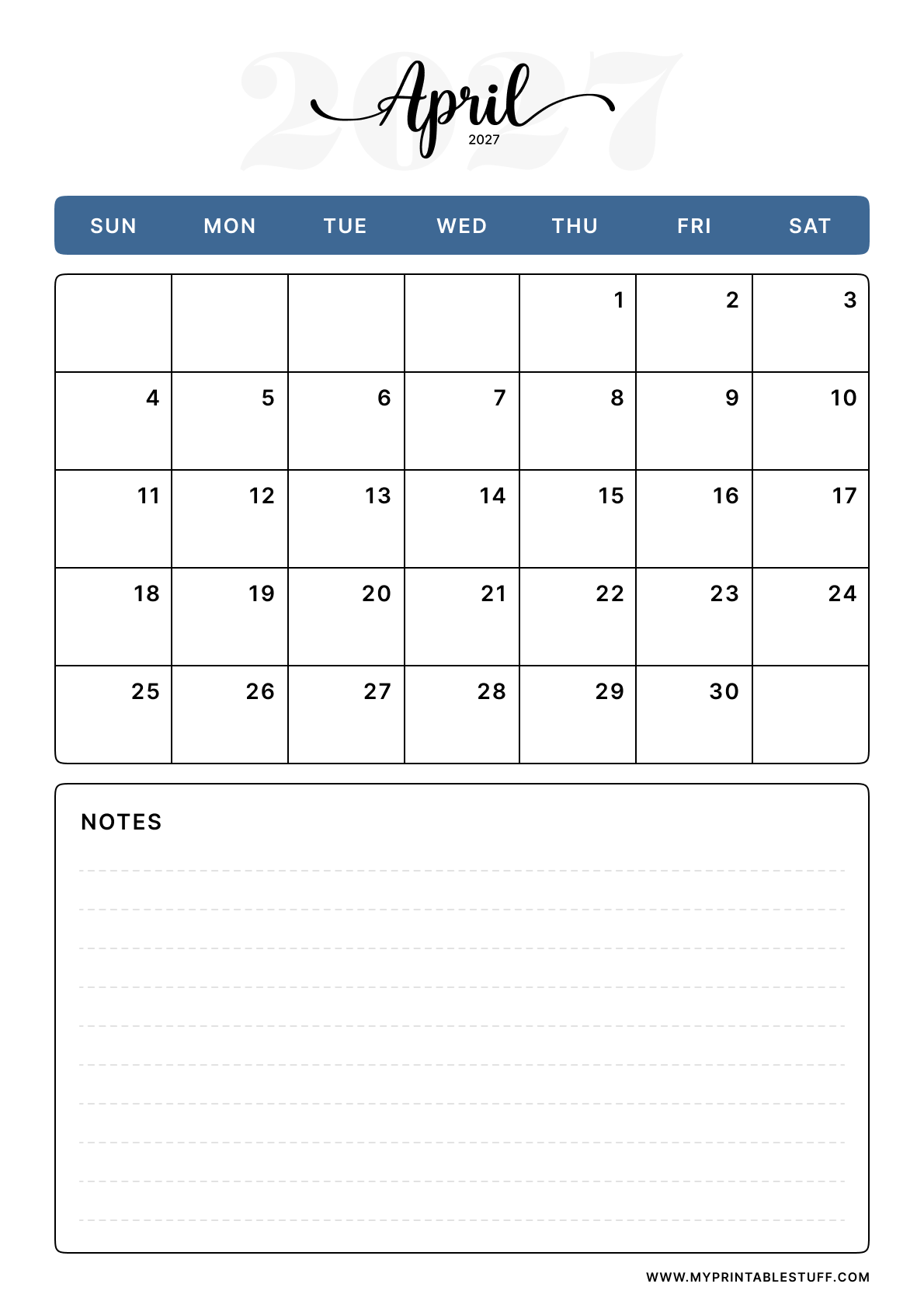 Classic Blue Design April 2027 Calendar Portrait