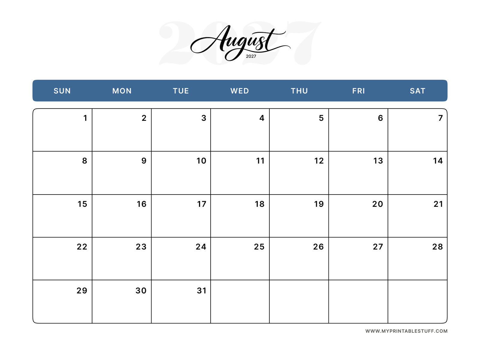 Classic Blue Design August 2027 Calendar Landscape