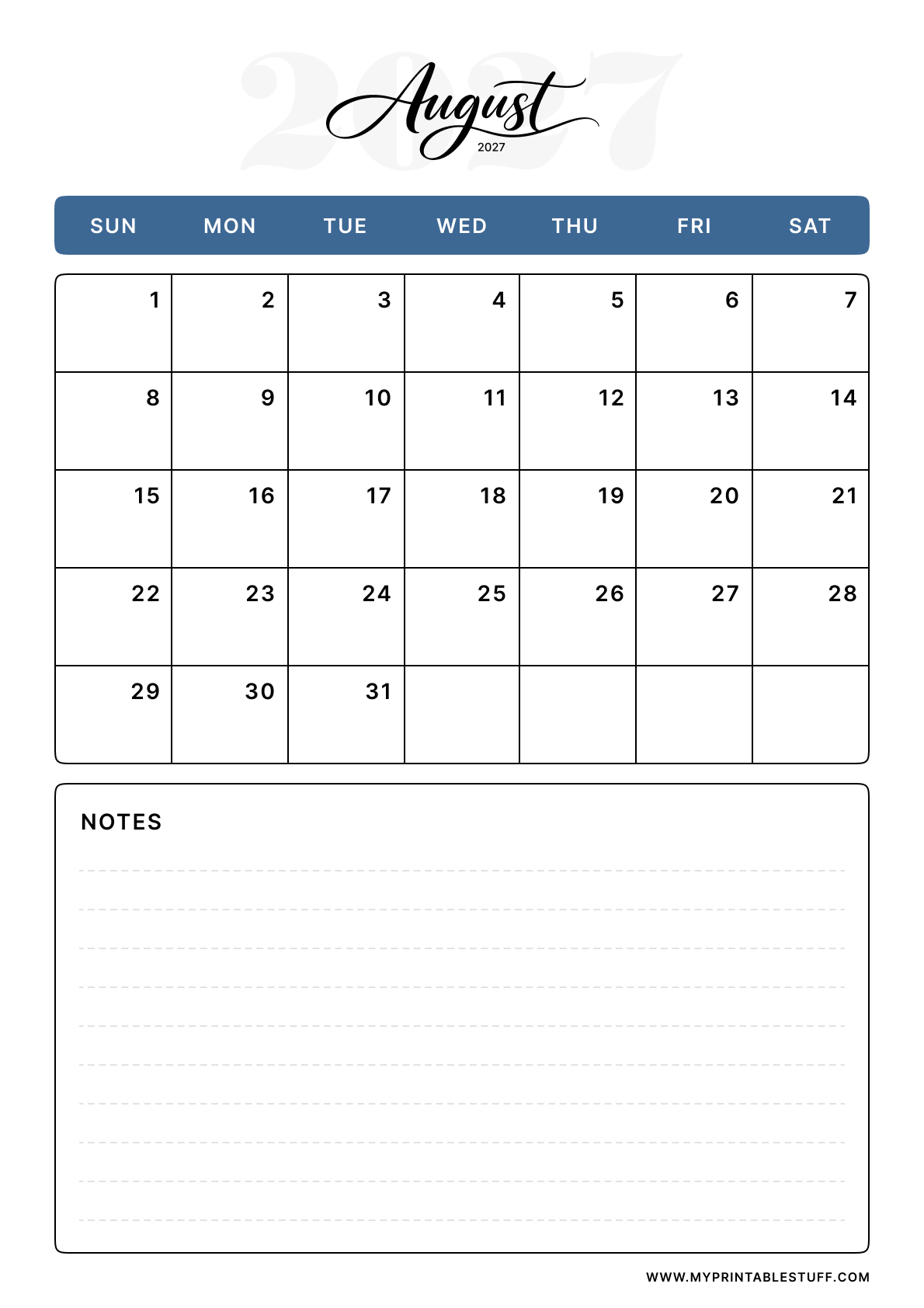 Classic Blue Design August 2027 Calendar Portrait