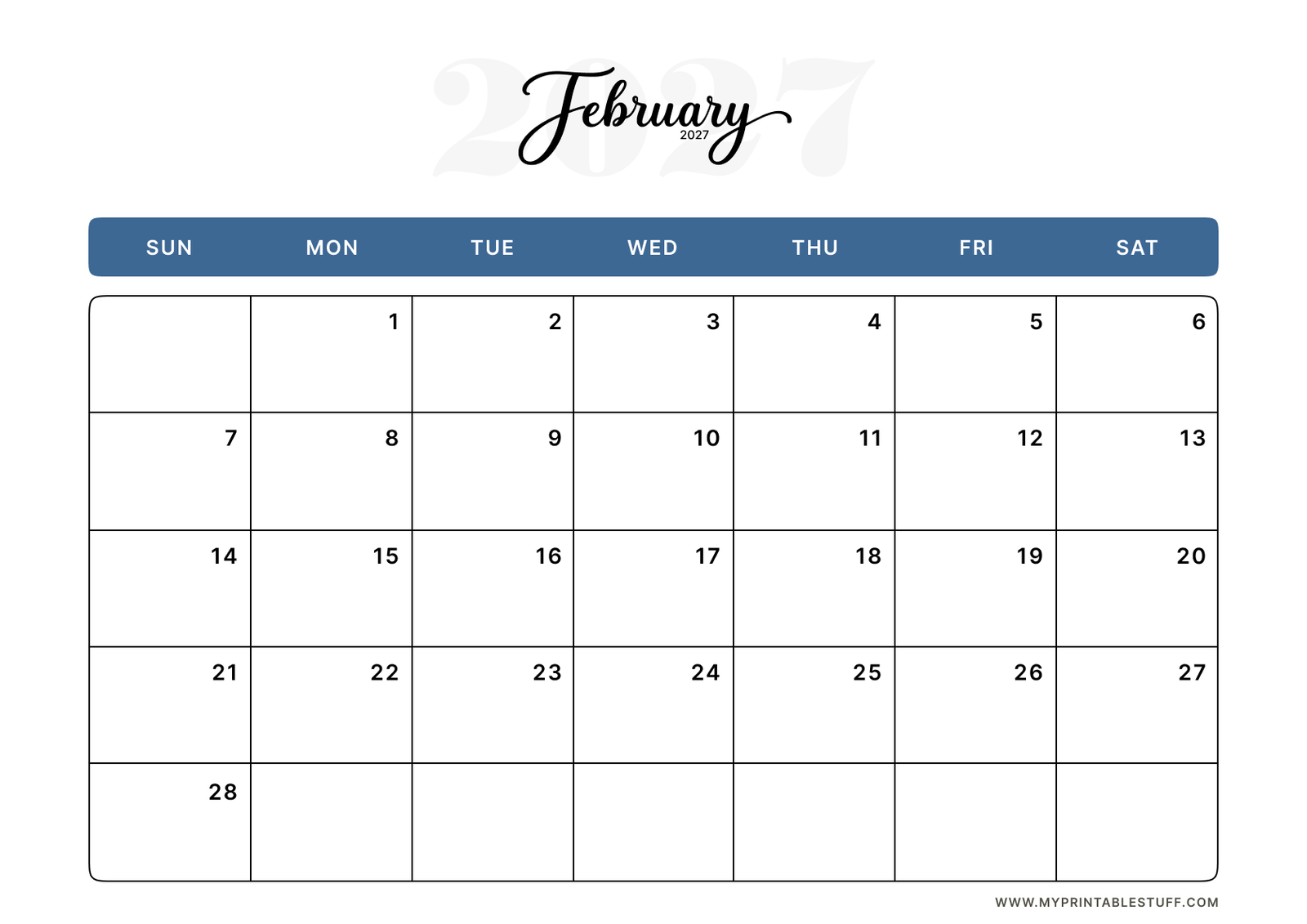 Classic Blue Design February 2027 Calendar Landscape