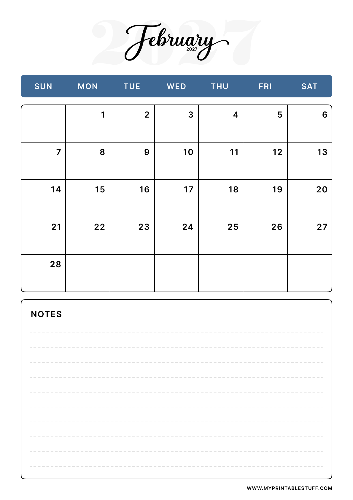 Classic Blue Design February 2027 Calendar Portrait
