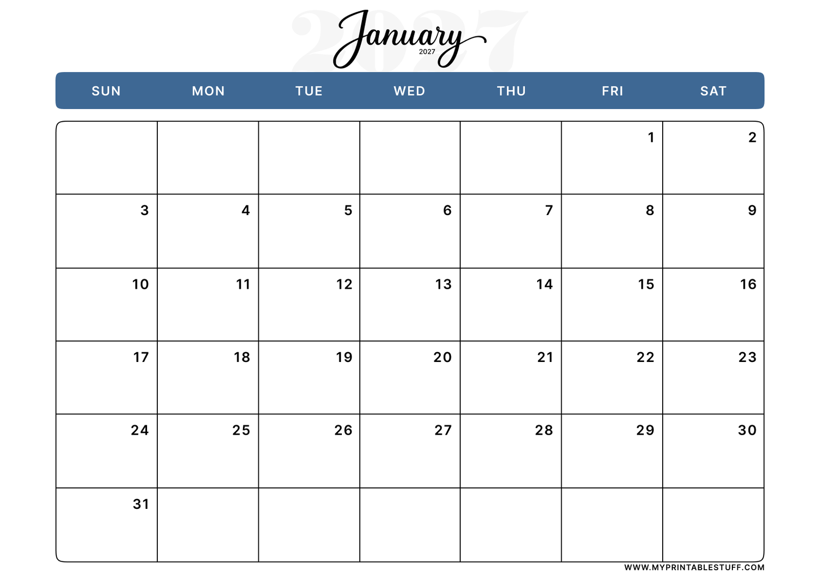 Classic Blue Design January 2027 Calendar Landscape