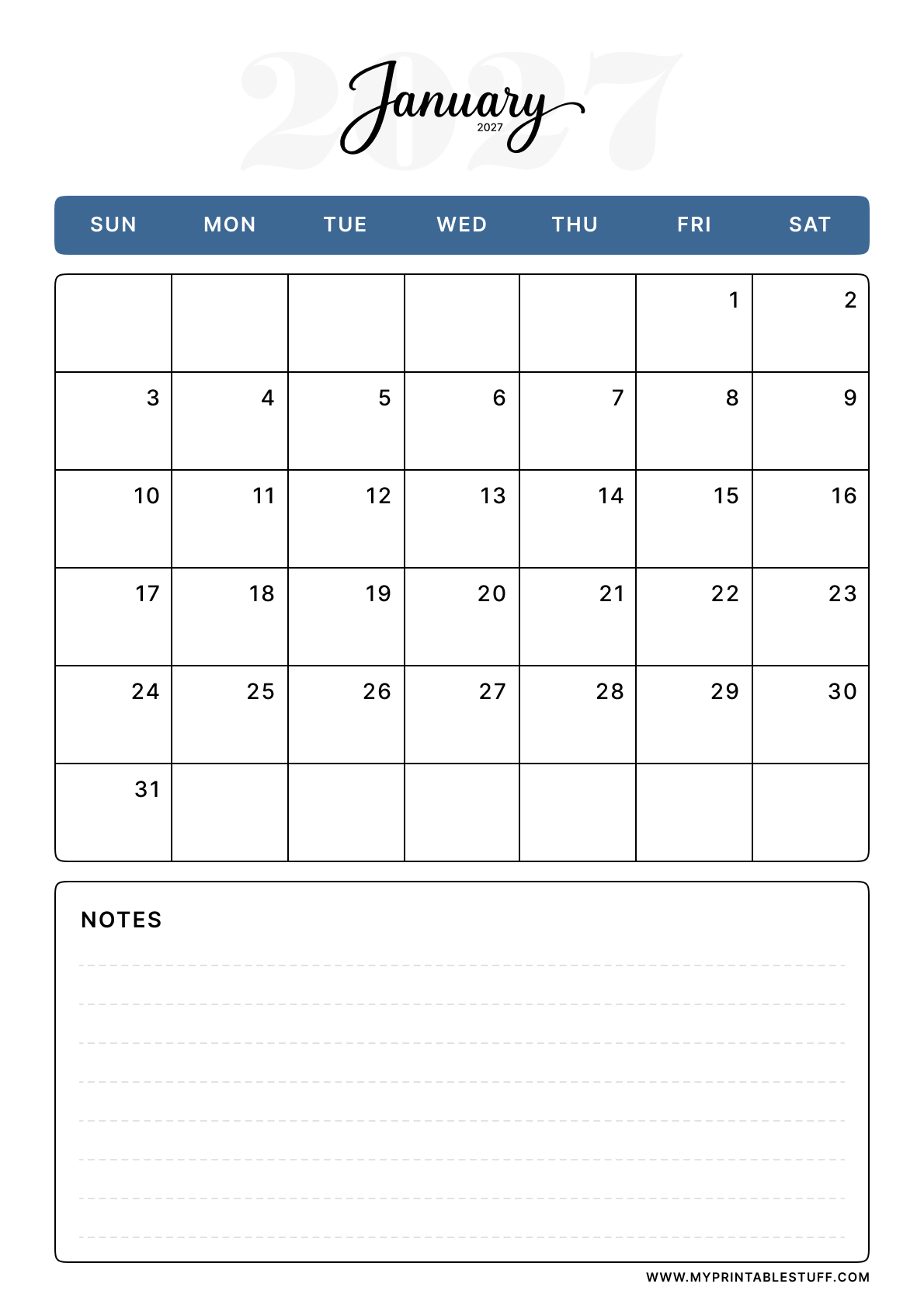 Classic Blue Design January 2027 Calendar Portrait