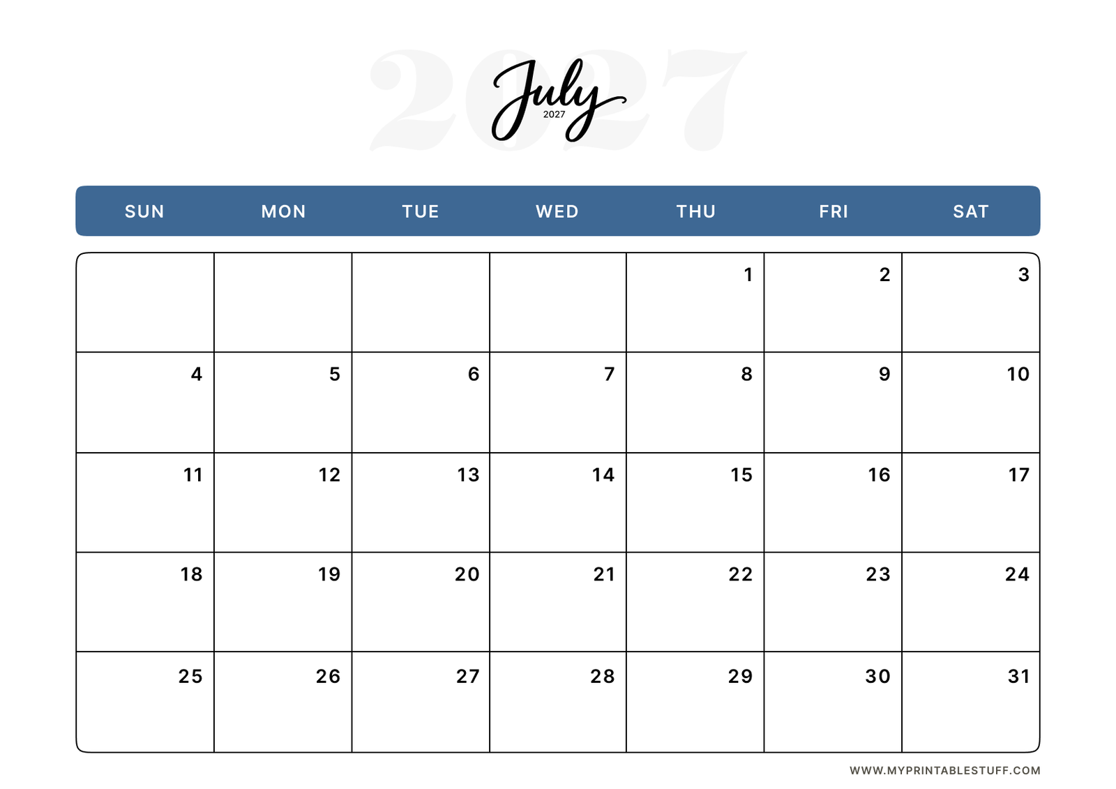 Classic Blue Design July 2027 Calendar Landscape