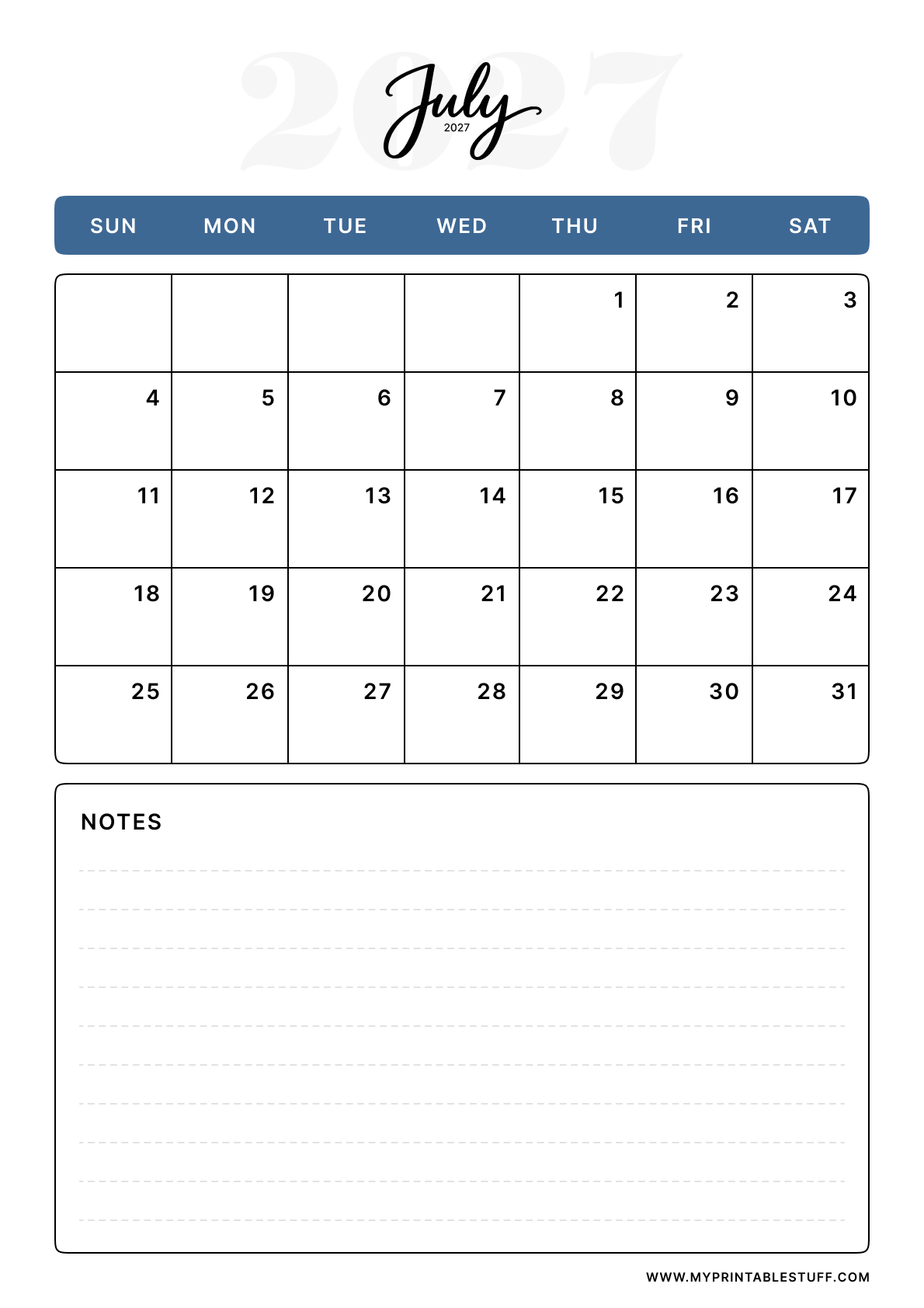 Classic Blue Design July 2027 Calendar Portrait