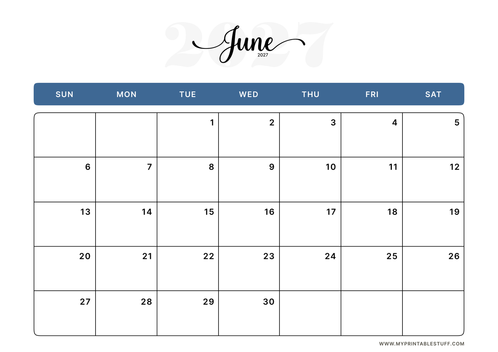 Classic Blue Design June 2027 Calendar Landscape