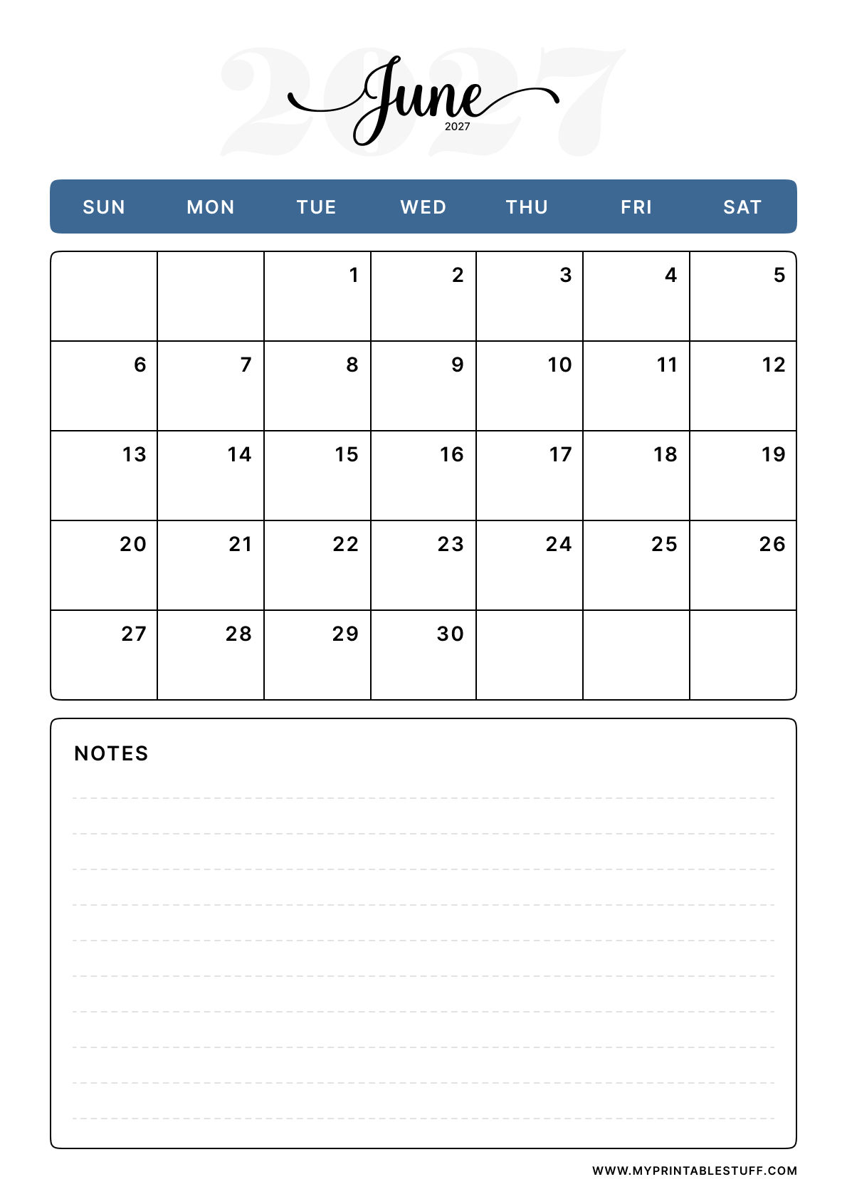 Classic Blue Design June 2027 Calendar Portrait