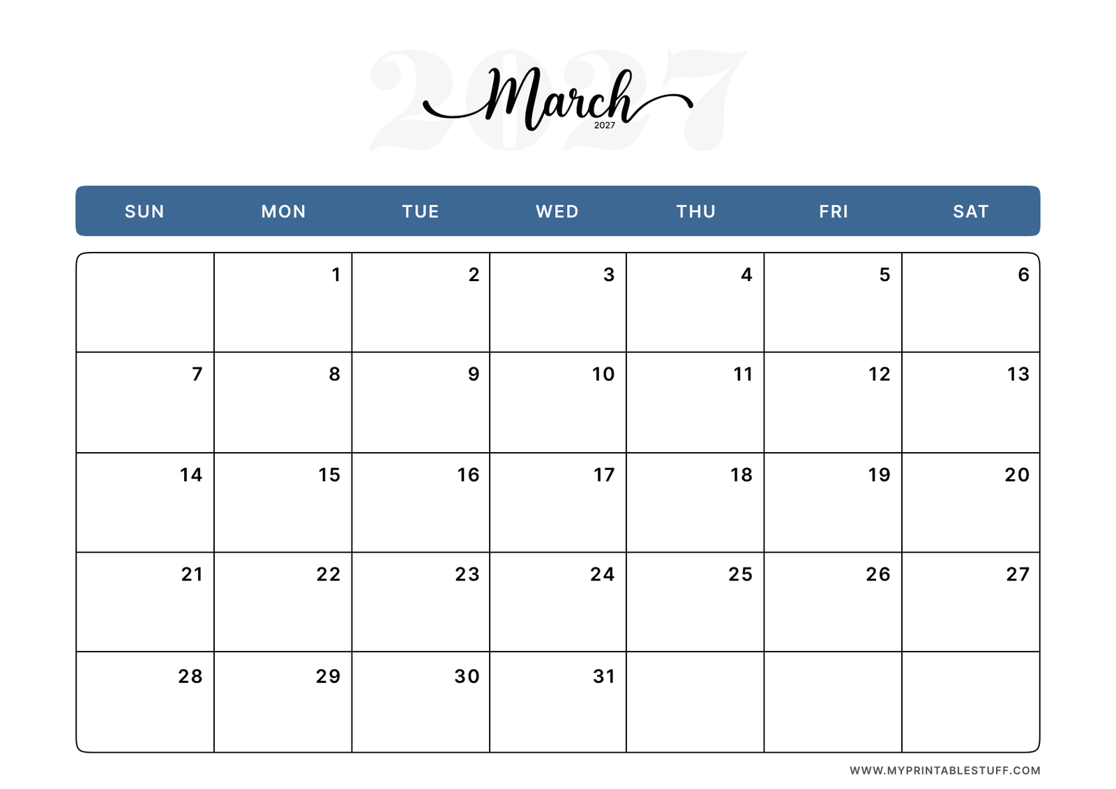 Classic Blue Design March 2027 Calendar Landscape