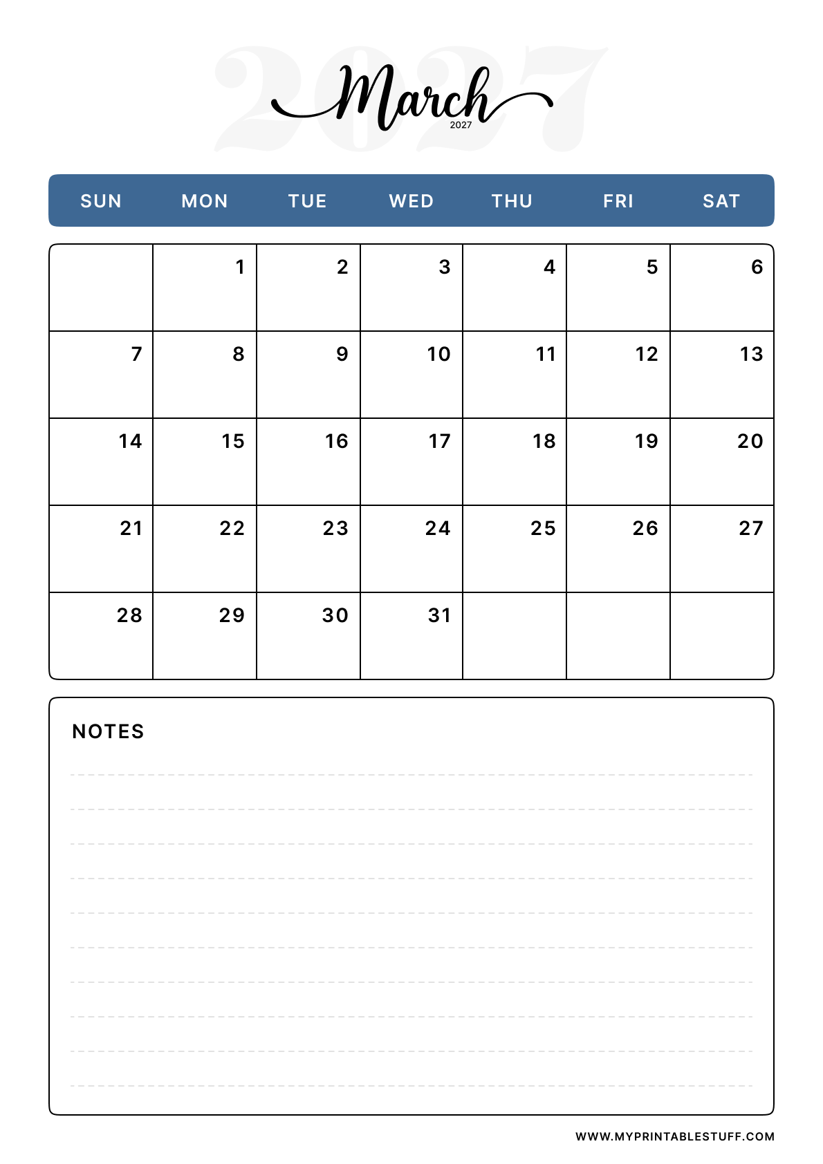 Classic Blue Design March 2027 Calendar Portrait
