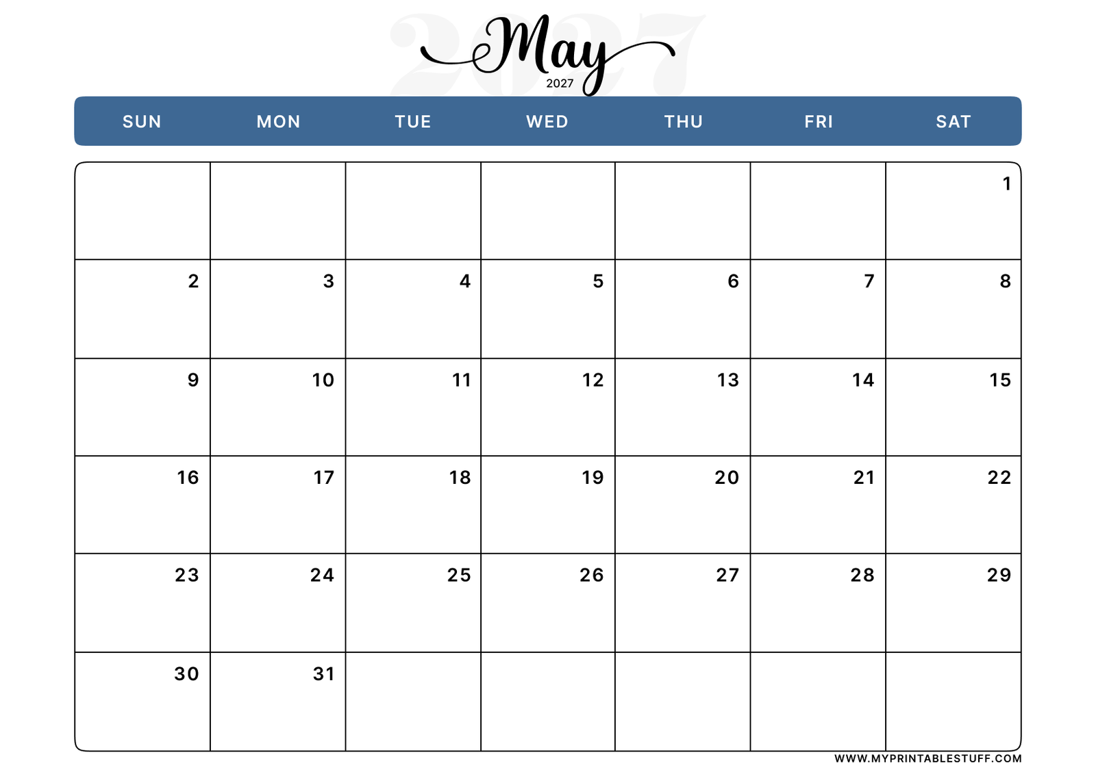Classic Blue Design May 2027 Calendar Landscape