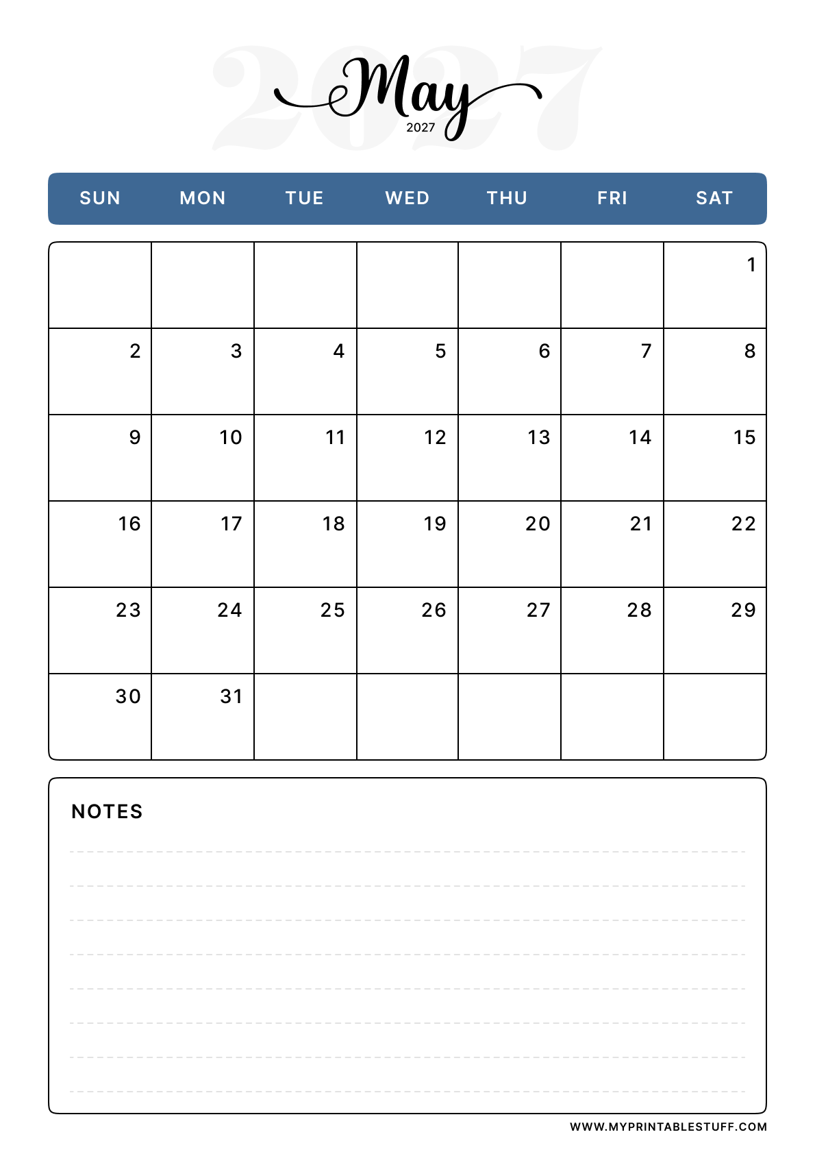 Classic Blue Design May 2027 Calendar Portrait