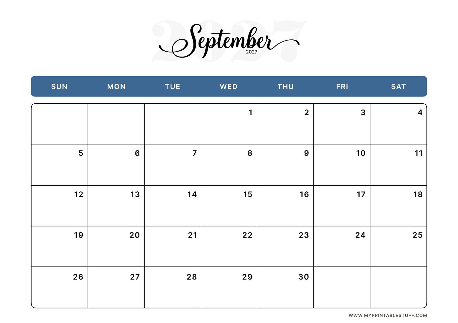 Classic Blue Design September 2027 Calendar Landscape