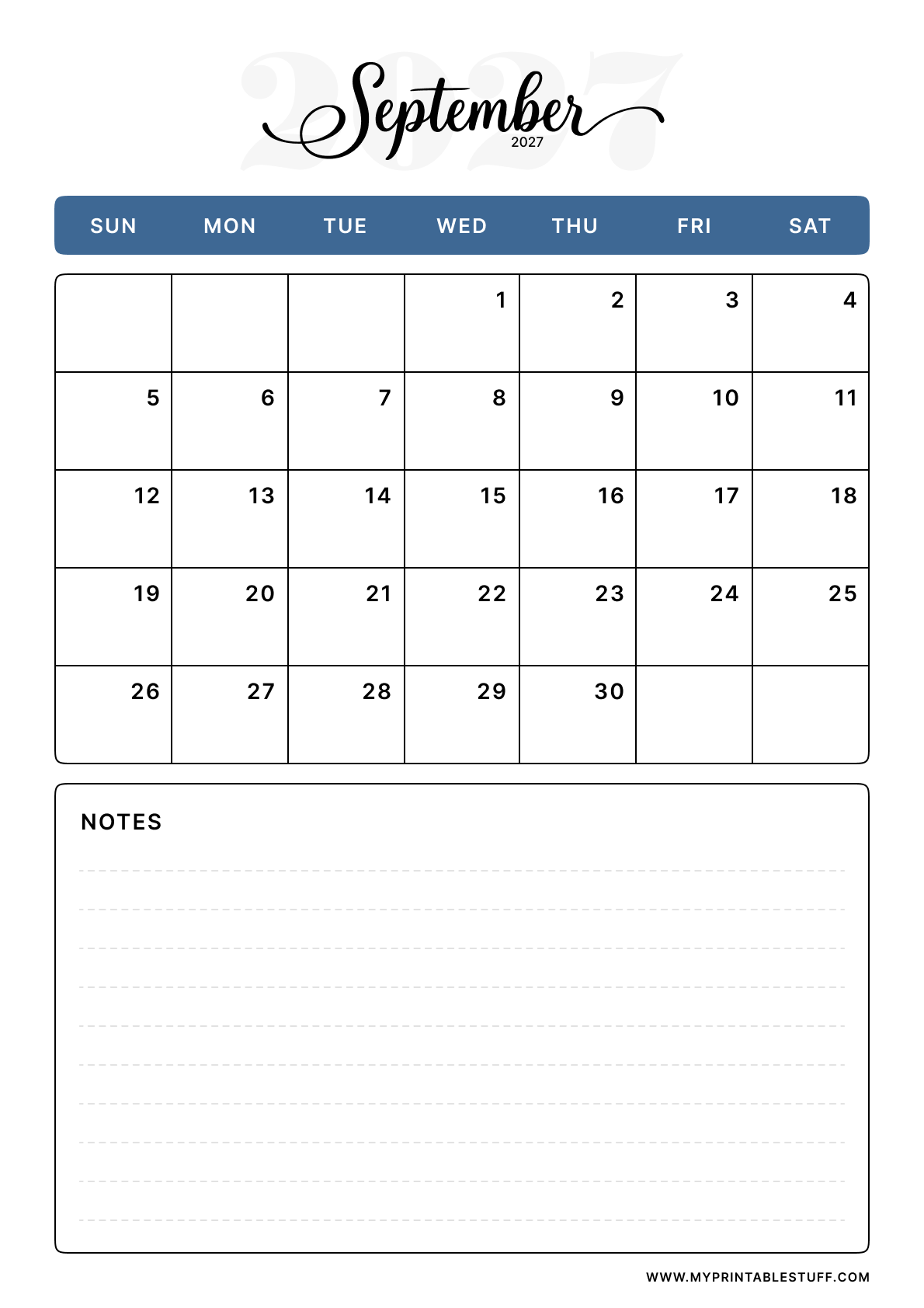 Classic Blue Design September 2027 Calendar Portrait