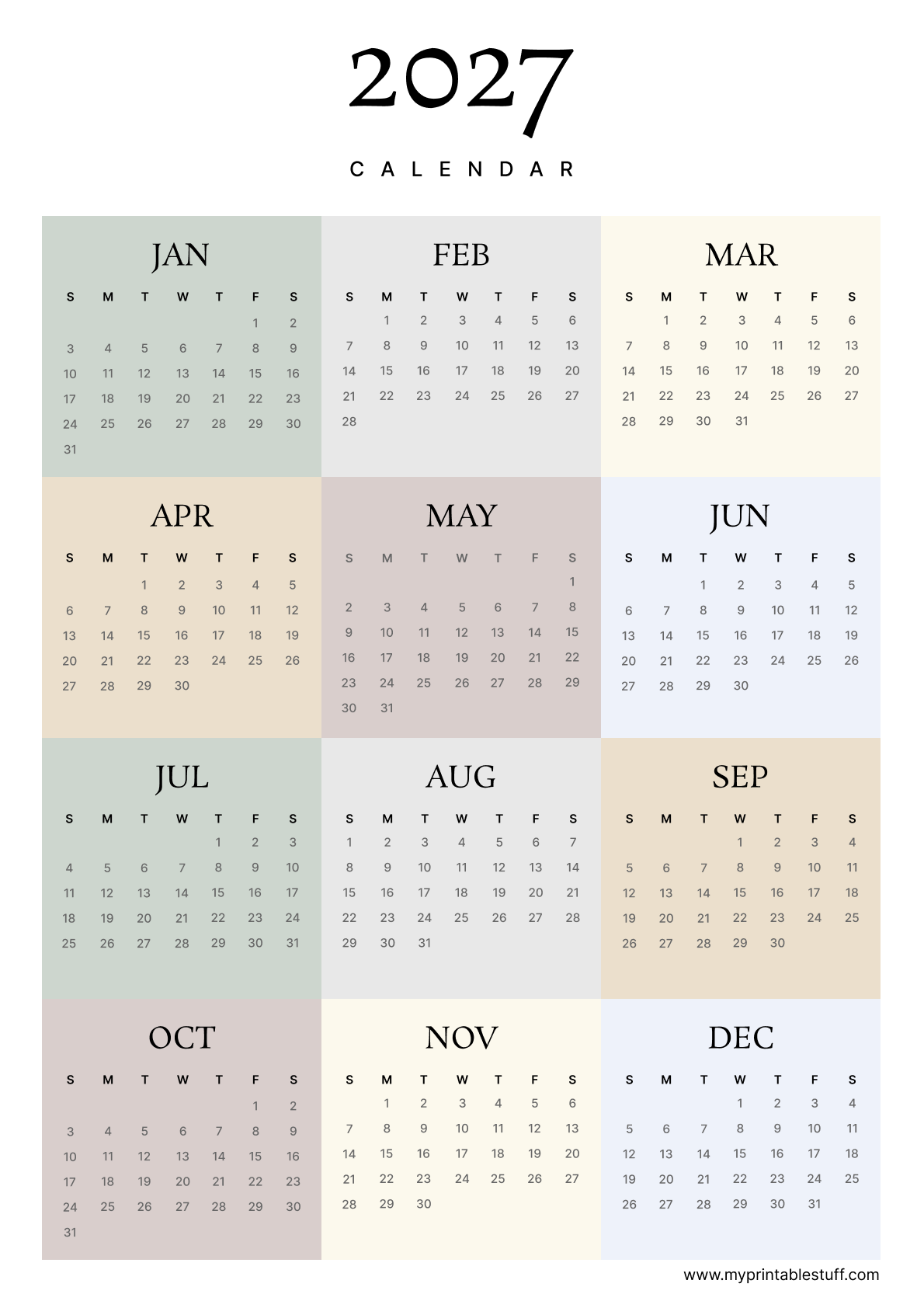 Earthy Modern Grid 2027 Calendar Portrait