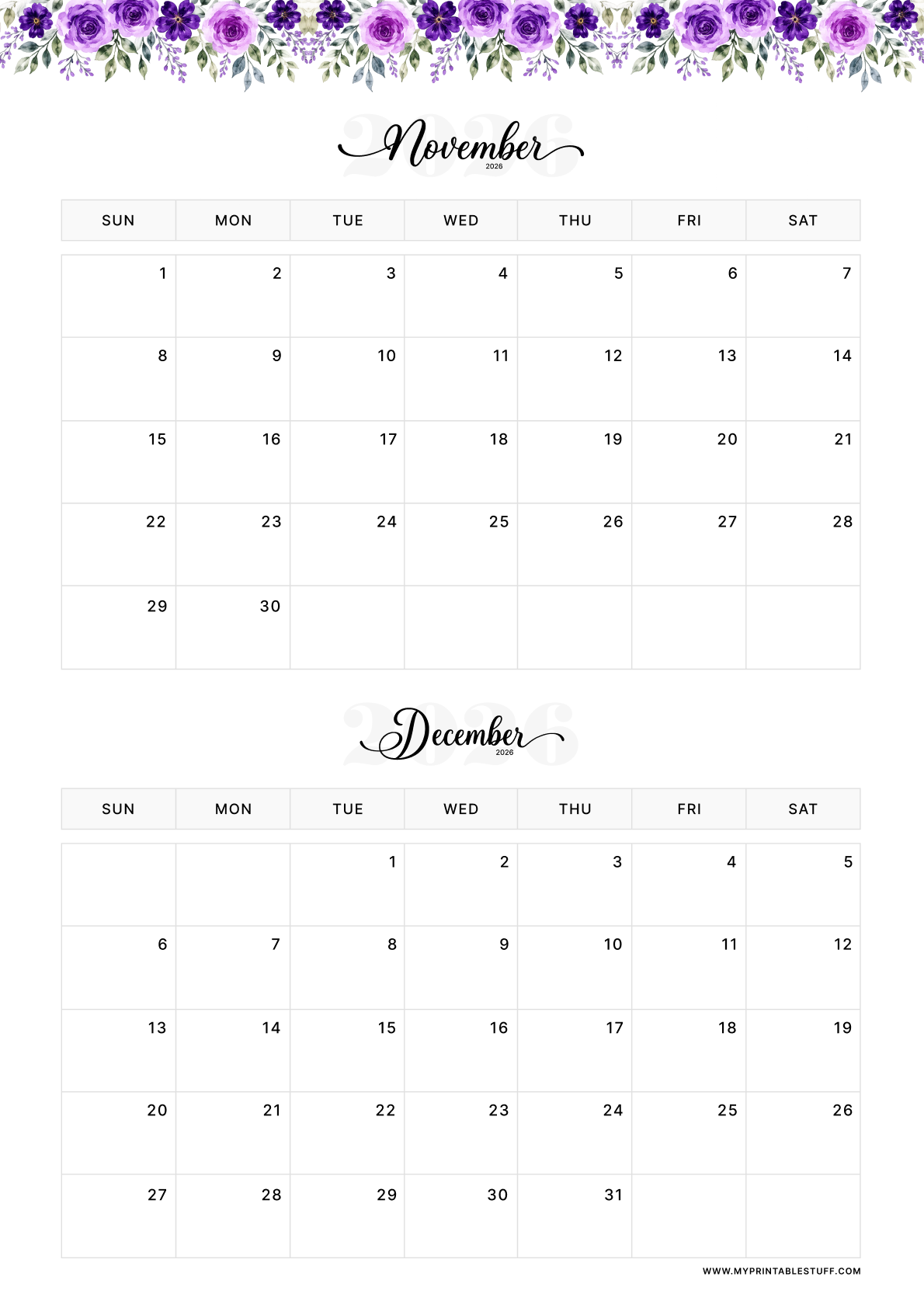 Floral Elegance Design November December 2026 Calendar Portrait