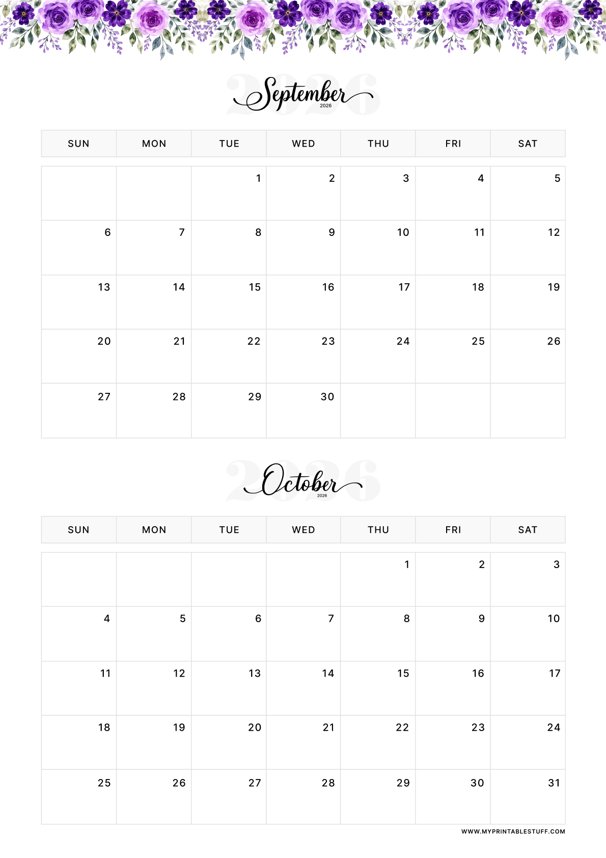 Floral Elegance Design September October 2026 Calendar Portrait