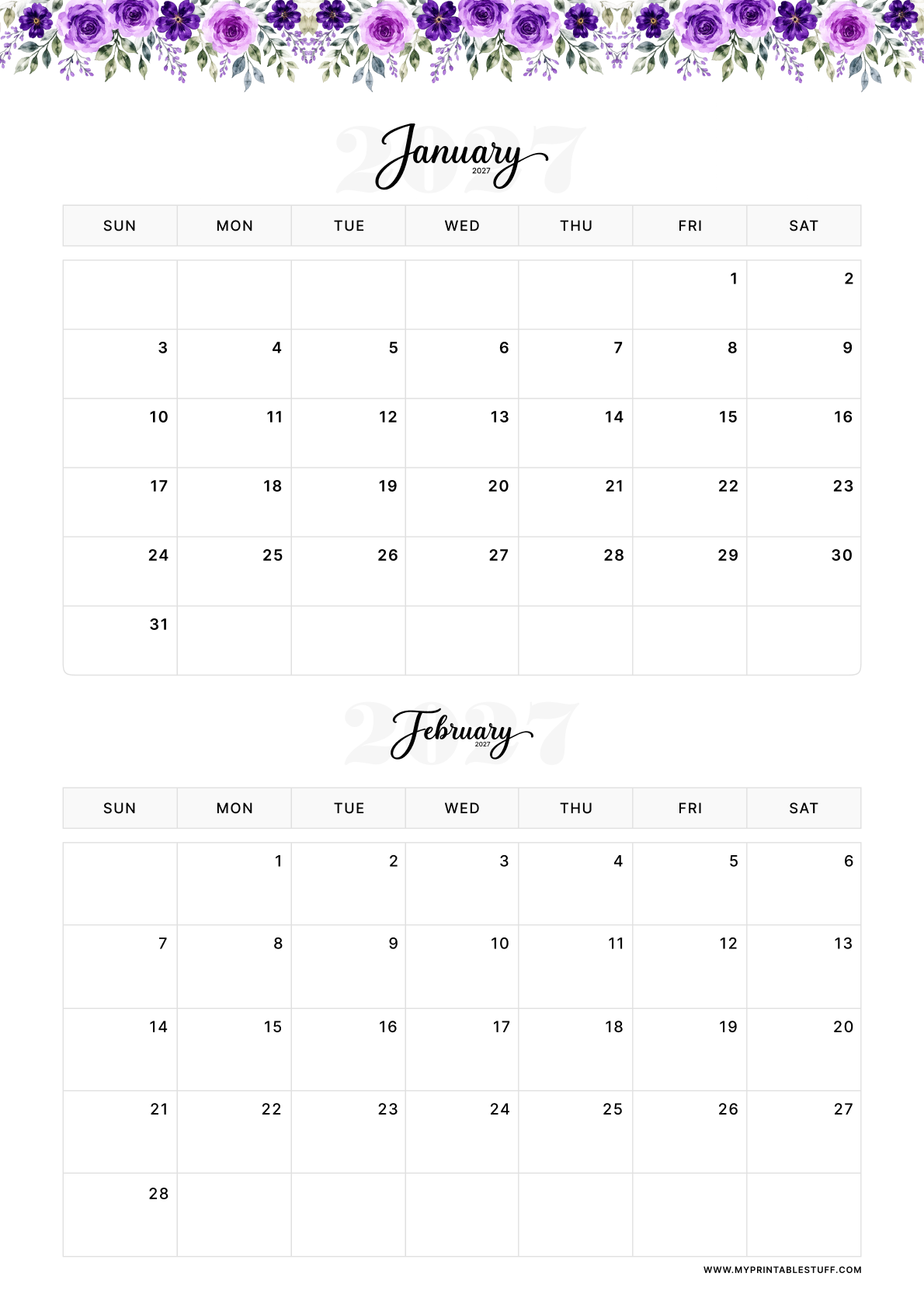 Floral Elegance Design January February 2027 Calendar Portrait