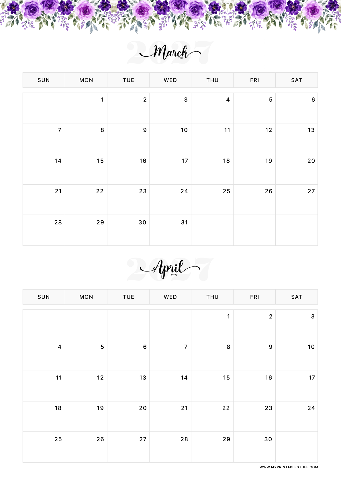 Floral Elegance Design March April 2027 Calendar Portrait