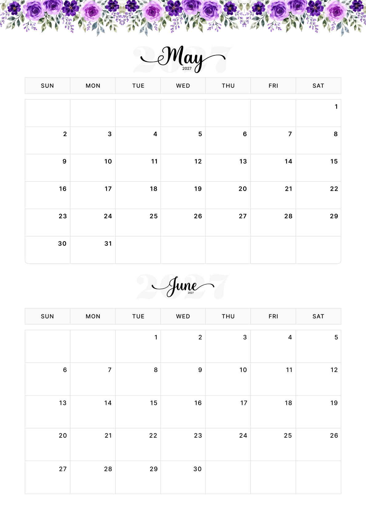 Floral Elegance Design May June 2027 Calendar Portrait