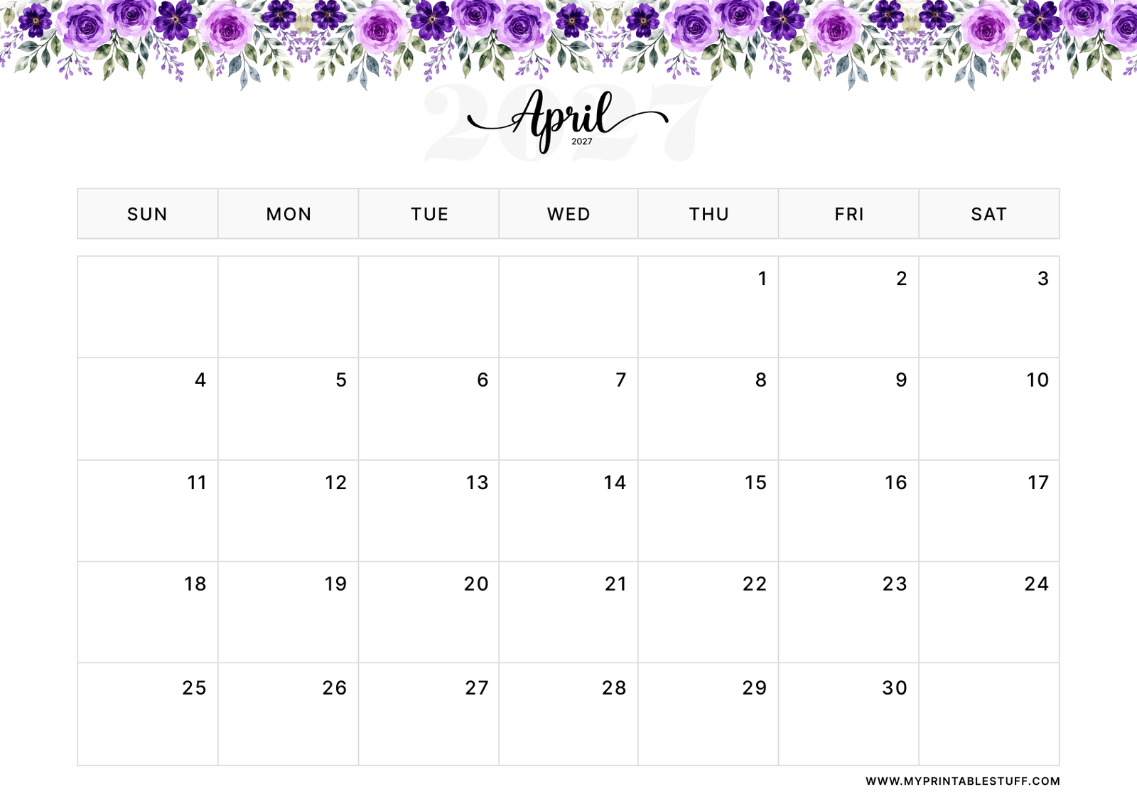 Floral Elegance Design April 2027 Calendar Landscape
