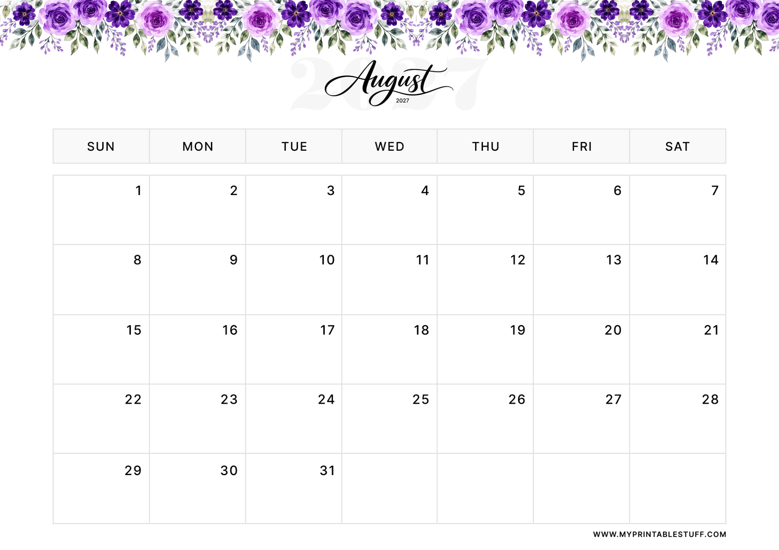Floral Elegance Design August 2027 Calendar Landscape