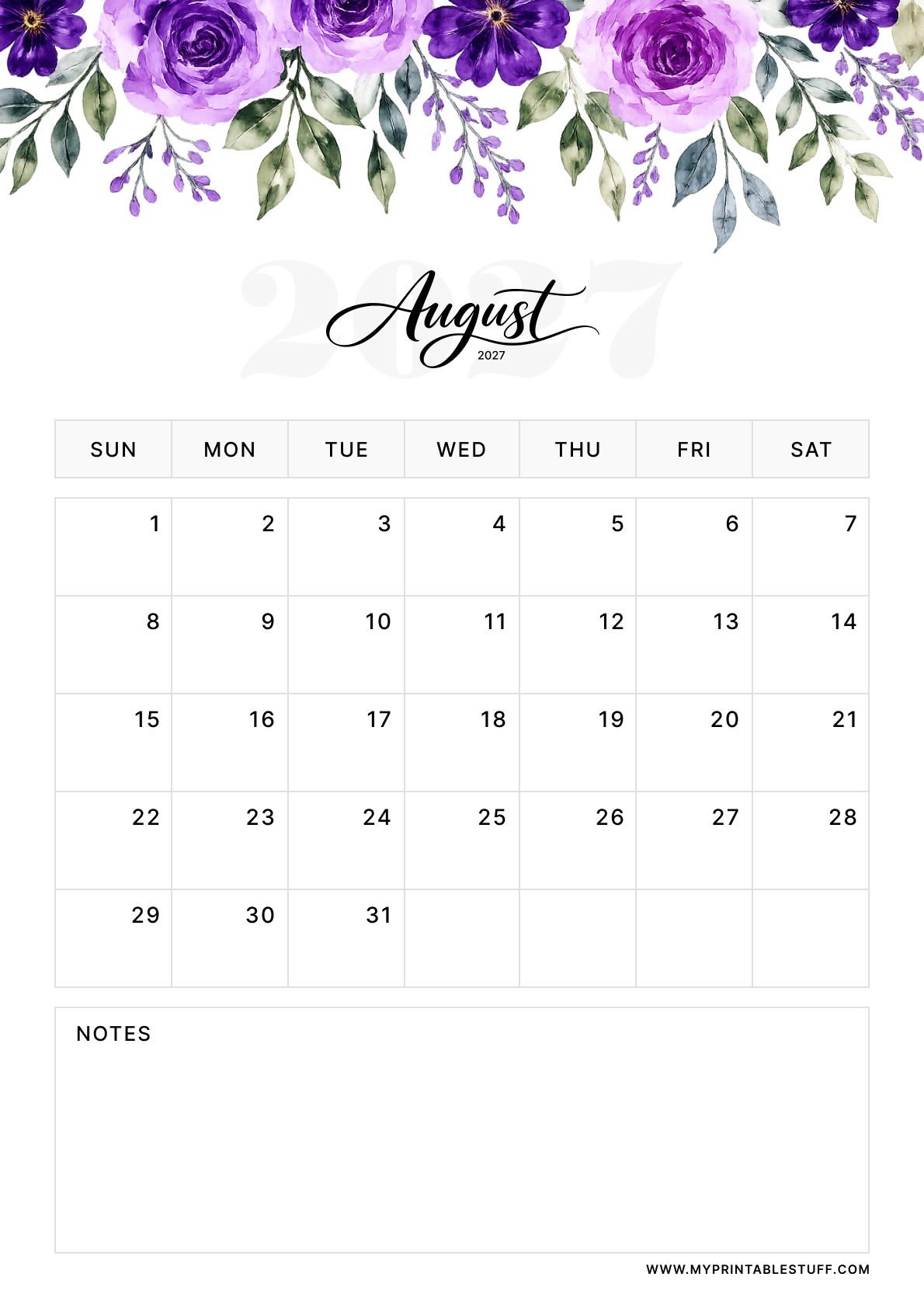 Floral Elegance Design August 2027 Calendar Portrait