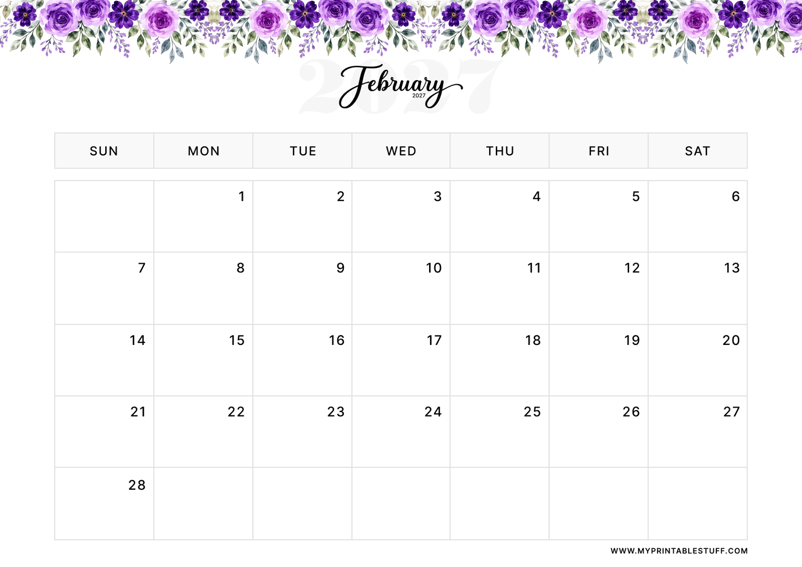 Floral Elegance Design February 2027 Calendar Landscape