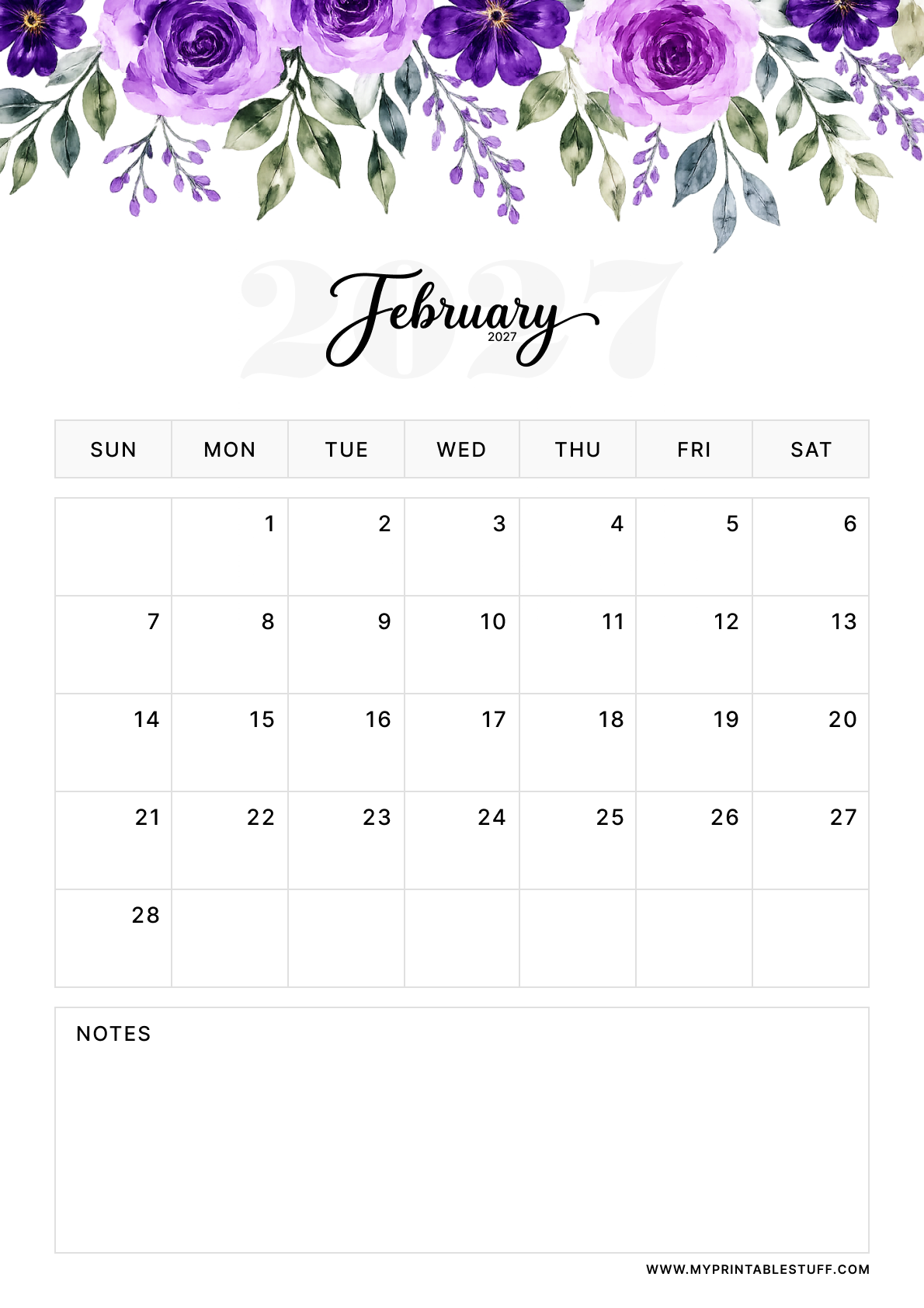 Floral Elegance Design February 2027 Calendar Portrait