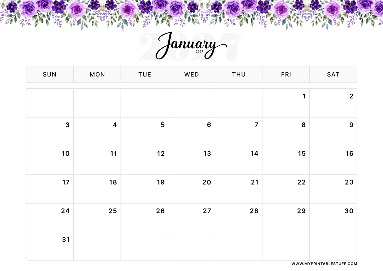 Floral Elegance Design January 2027 Calendar Landscape