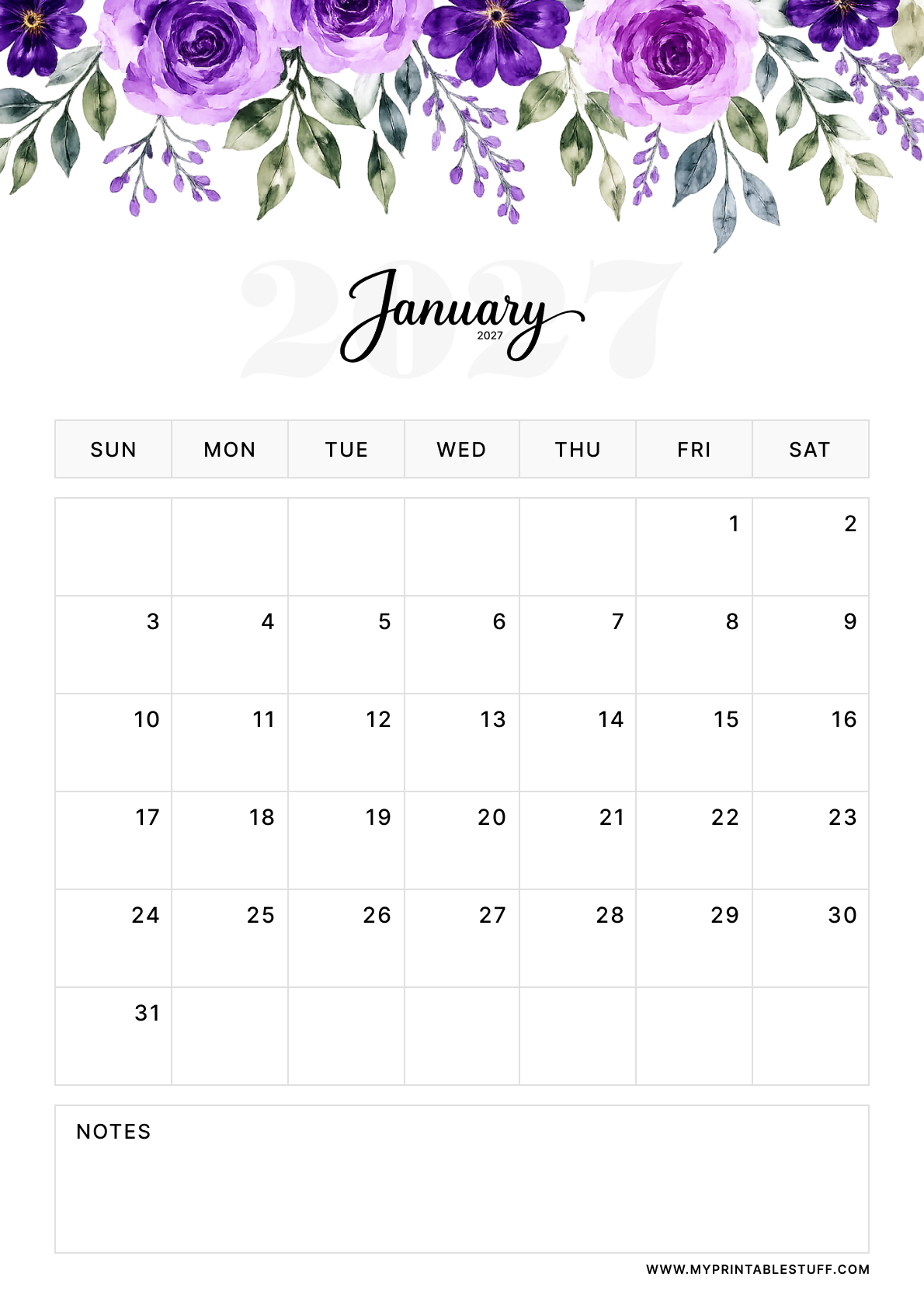 Floral Elegance Design January 2027 Calendar Portrait