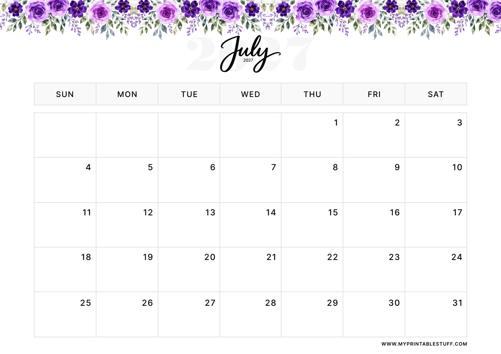 Floral Elegance Design July 2027 Calendar Landscape
